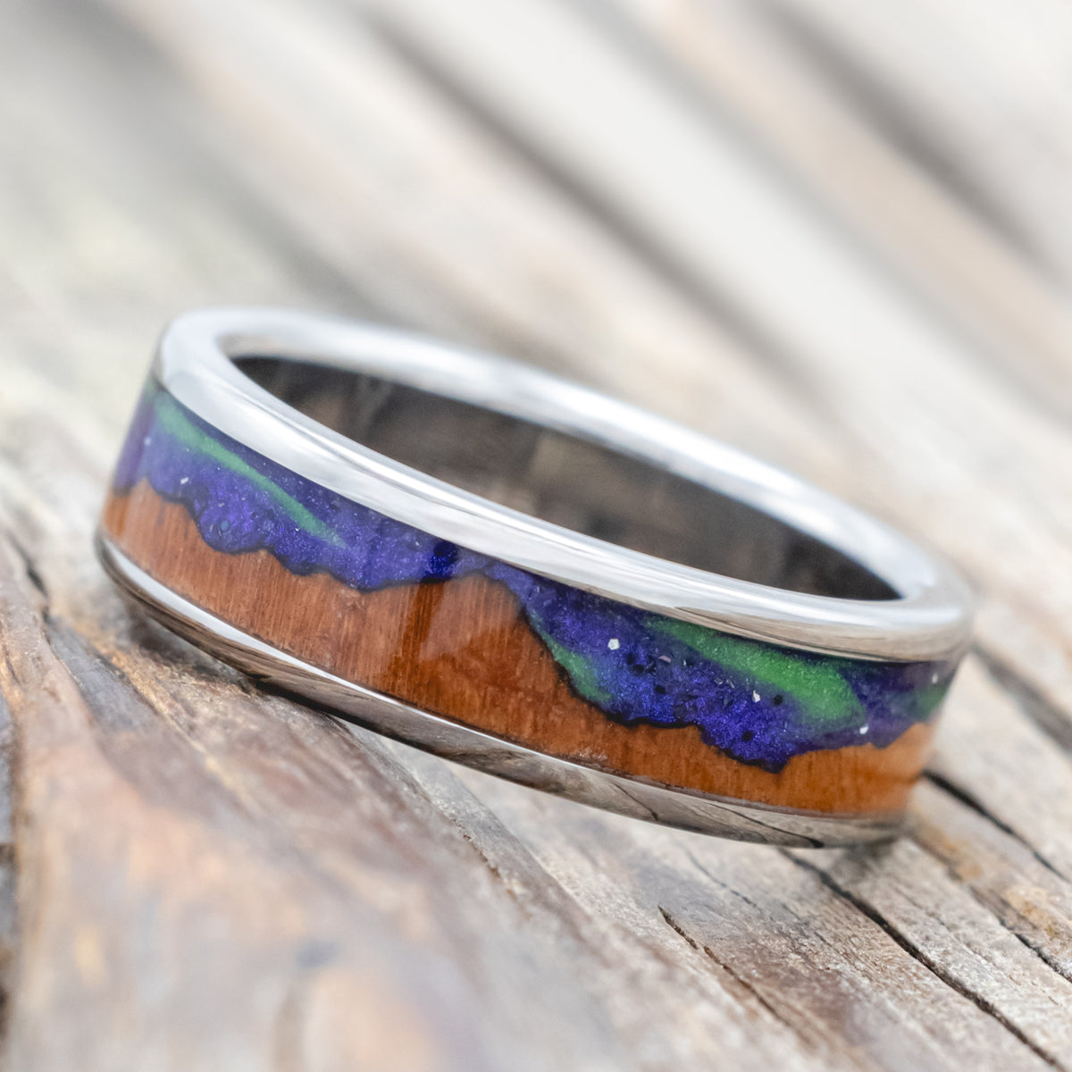 "Borealis" - Mountain Engraved Wedding Ring With Redwood & Glow In The Dark Northern Lights-Staghead Designs
