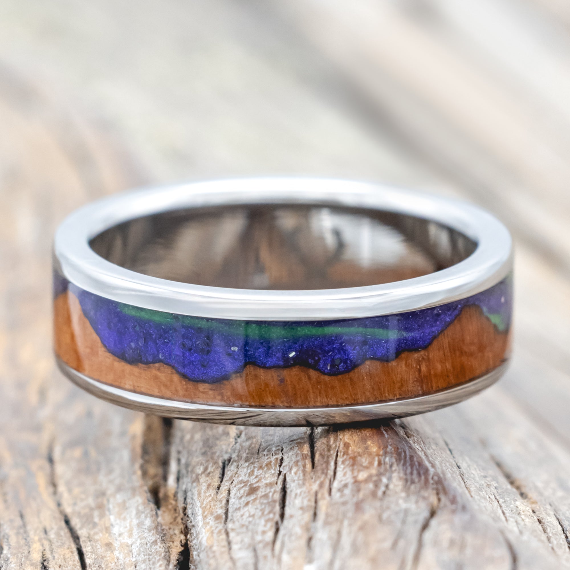 "BOREALIS" - MOUNTAIN ENGRAVED WEDDING RING WITH REDWOOD & GLOW IN THE DARK NORTHERN LIGHTS-Staghead Designs