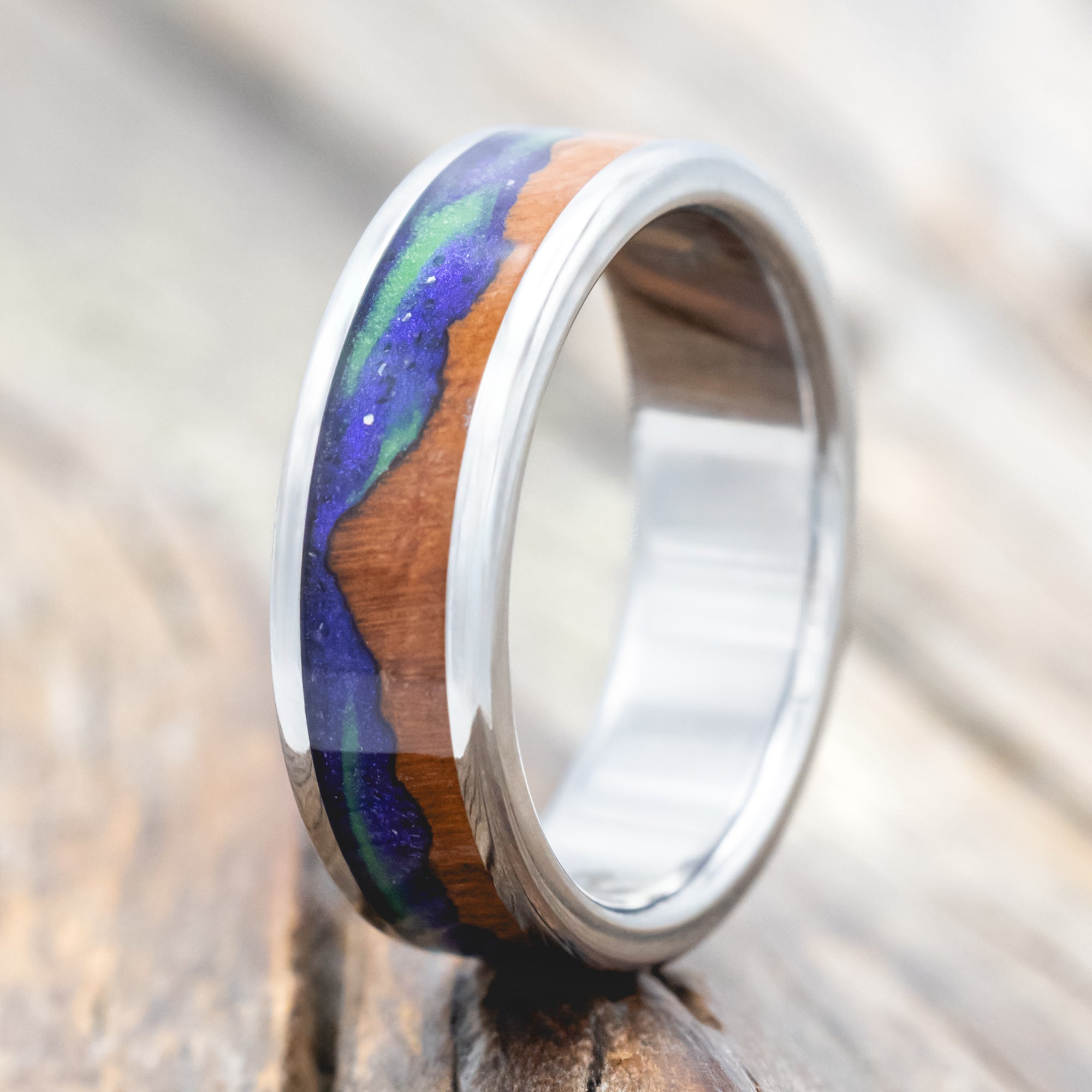 "BOREALIS" - MOUNTAIN ENGRAVED WEDDING RING WITH REDWOOD & GLOW IN THE DARK NORTHERN LIGHTS-Staghead Designs
