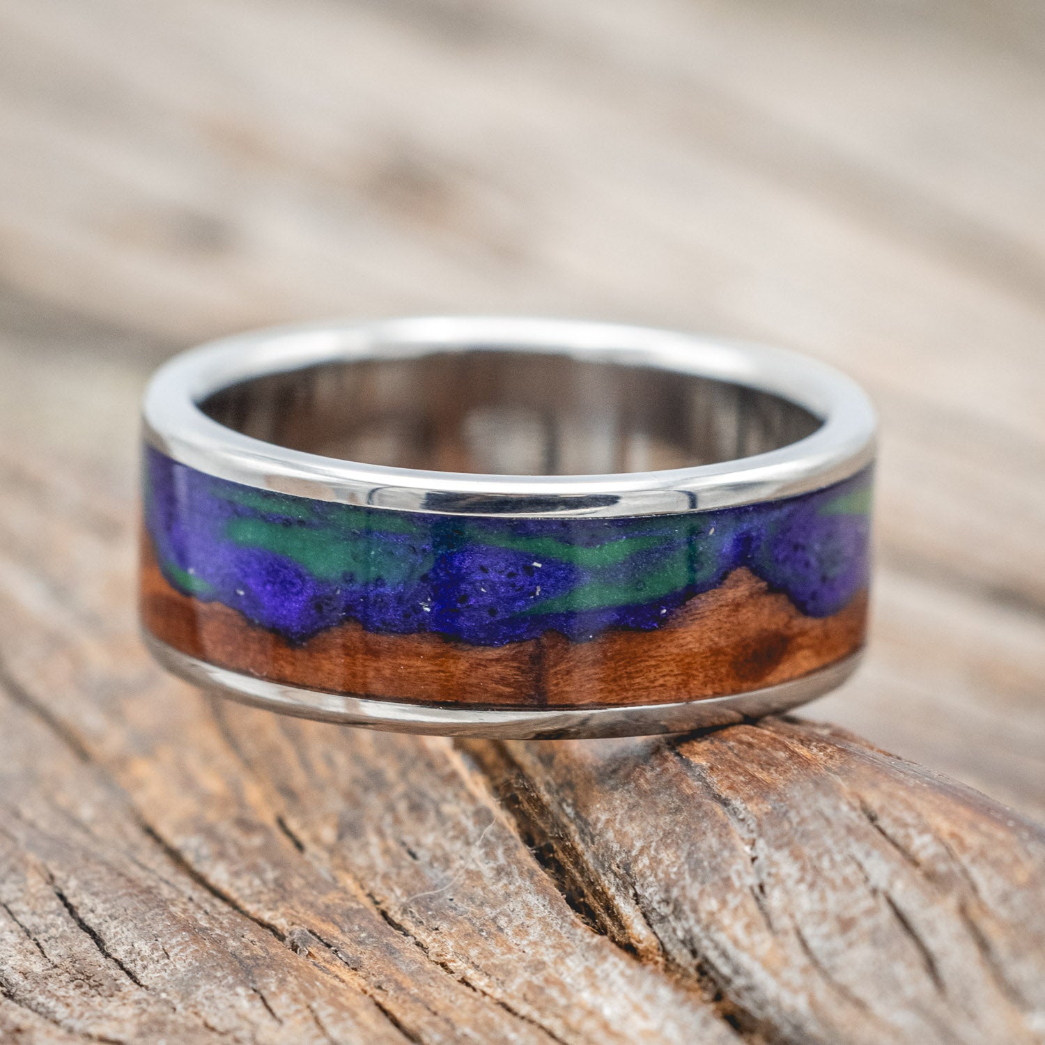"BOREALIS" - MOUNTAIN ENGRAVED WEDDING RING WITH REDWOOD & GLOW IN THE DARK NORTHERN LIGHTS-Staghead Designs