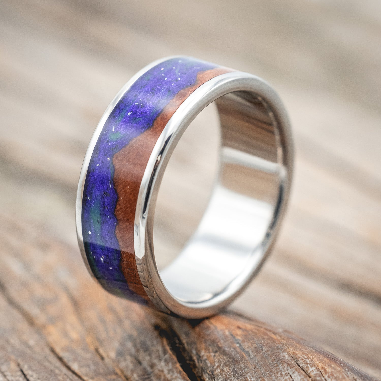 "BOREALIS" - MOUNTAIN ENGRAVED WEDDING RING WITH REDWOOD & GLOW IN THE DARK NORTHERN LIGHTS-Staghead Designs