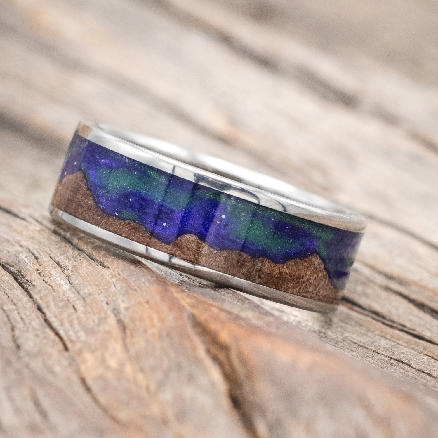 "BOREALIS" - MOUNTAIN ENGRAVED WEDDING RING WITH GLOW IN THE DARK NORTHERN LIGHTS-Staghead Designs