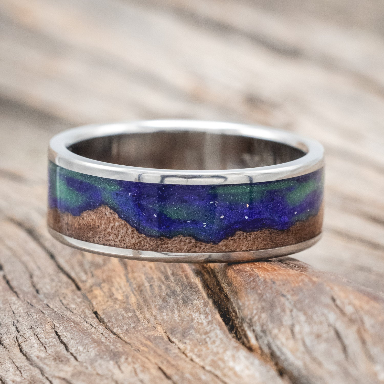 "BOREALIS" - MOUNTAIN ENGRAVED WEDDING RING WITH GLOW IN THE DARK NORTHERN LIGHTS-Staghead Designs