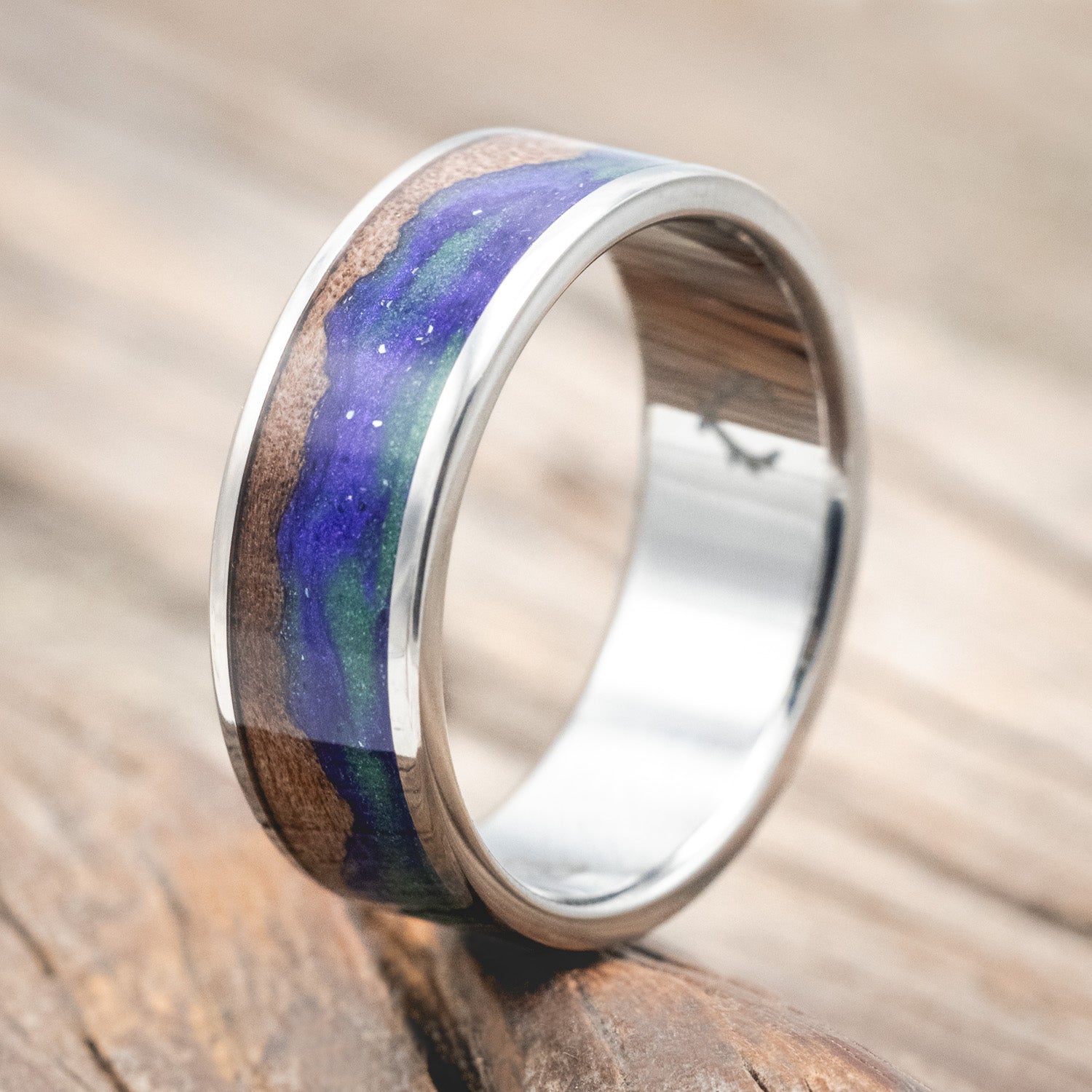 "BOREALIS" - MOUNTAIN ENGRAVED WEDDING RING WITH GLOW IN THE DARK NORTHERN LIGHTS-Staghead Designs