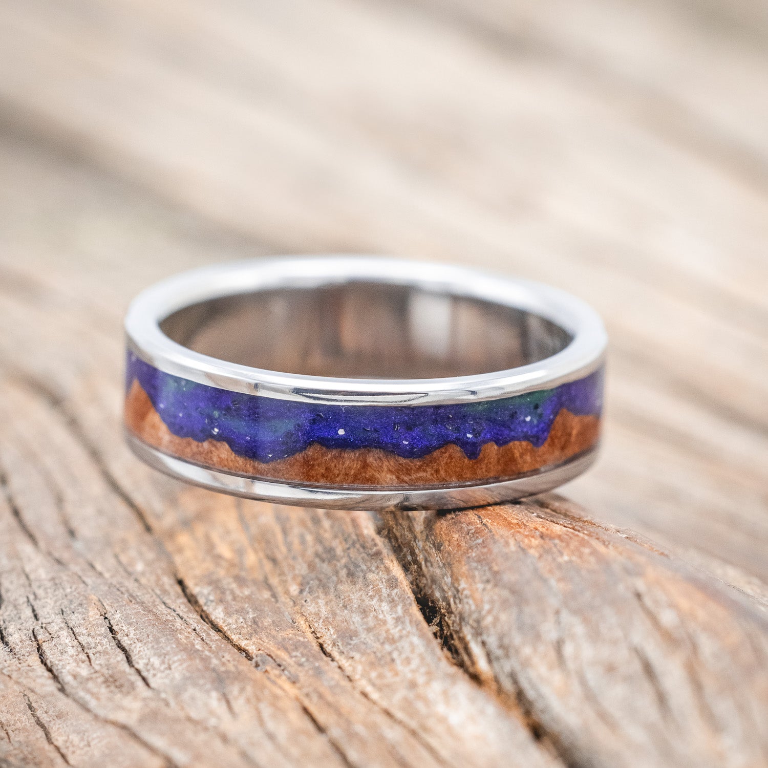 "BOREALIS" - MOUNTAIN ENGRAVED WEDDING RING WITH REDWOOD & GLOW IN THE DARK NORTHERN LIGHTS-Staghead Designs