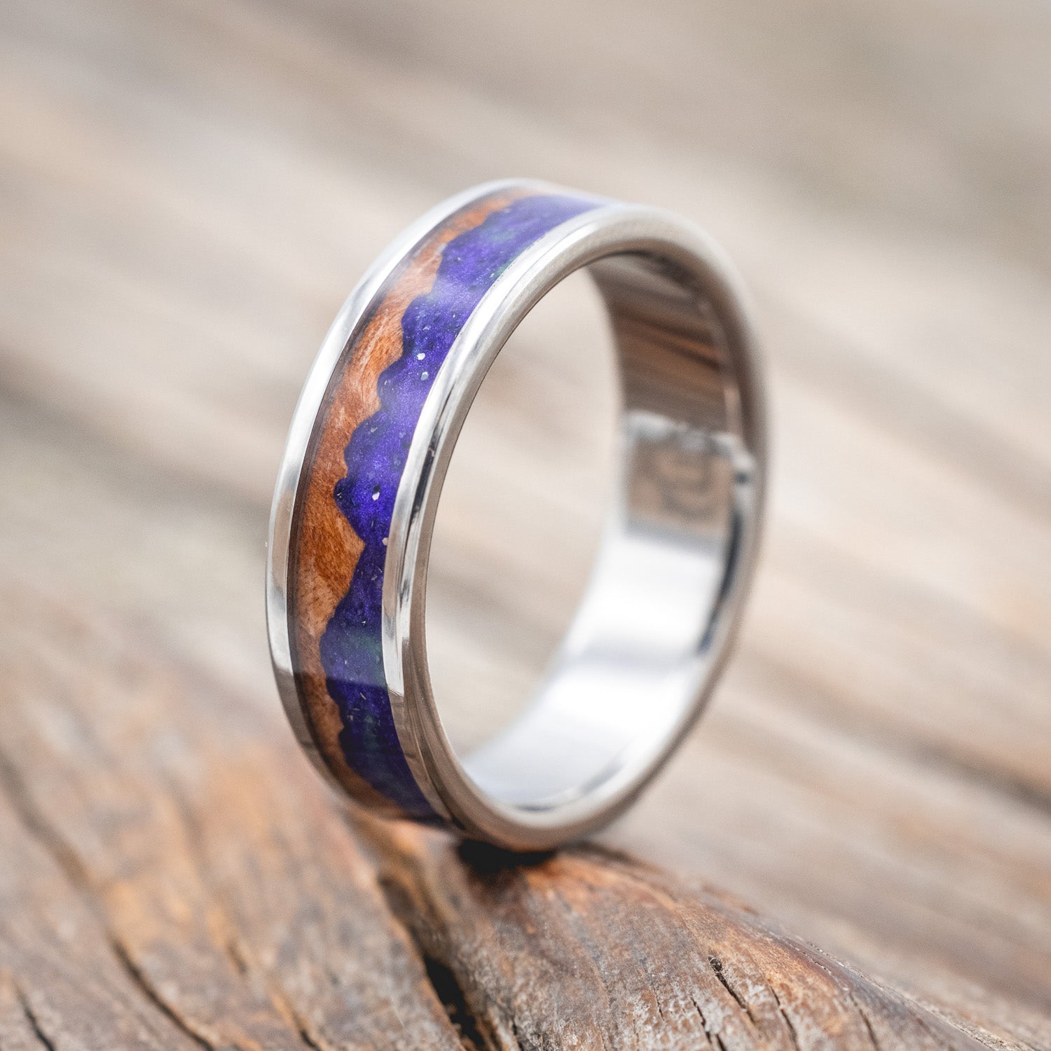 "BOREALIS" - MOUNTAIN ENGRAVED WEDDING RING WITH REDWOOD & GLOW IN THE DARK NORTHERN LIGHTS-Staghead Designs