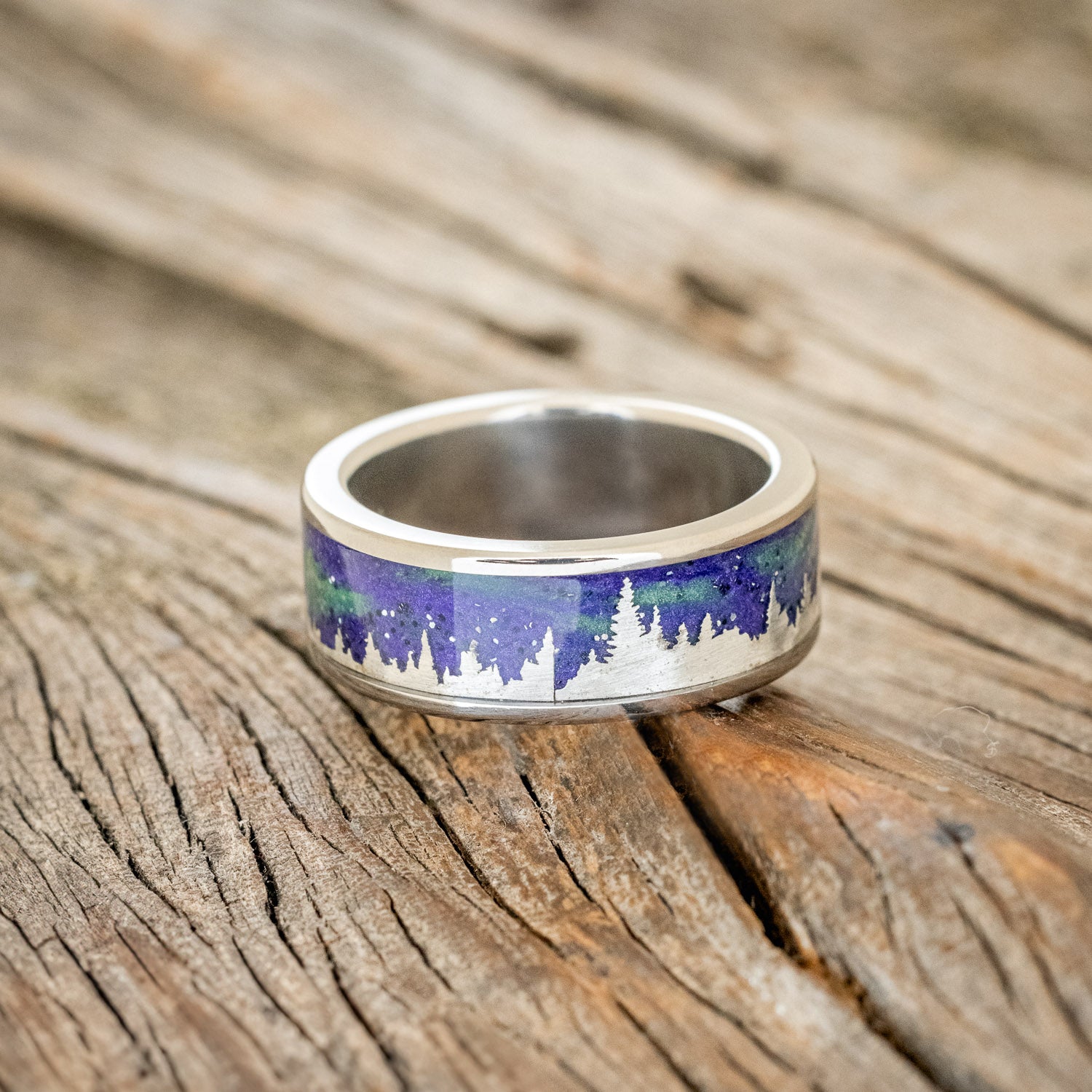 "BOREALIS" - SILVER TREES ENGRAVED WEDDING RING WITH GLOW IN THE DARK NORTHERN LIGHTS-3