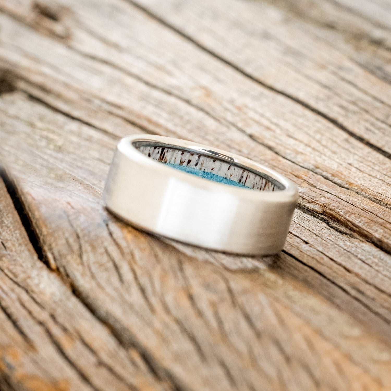 "ARGOS" - ANTLER, IRONWOOD & TURQUOISE LINED WEDDING BAND WITH BRUSHED FINISH-2