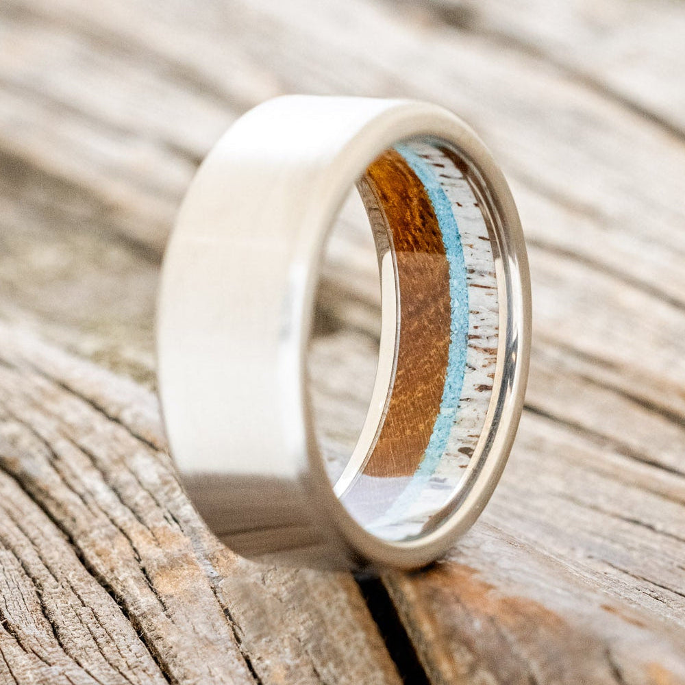 "ARGOS" - ANTLER, IRONWOOD & TURQUOISE LINED WEDDING BAND WITH BRUSHED FINISH-7