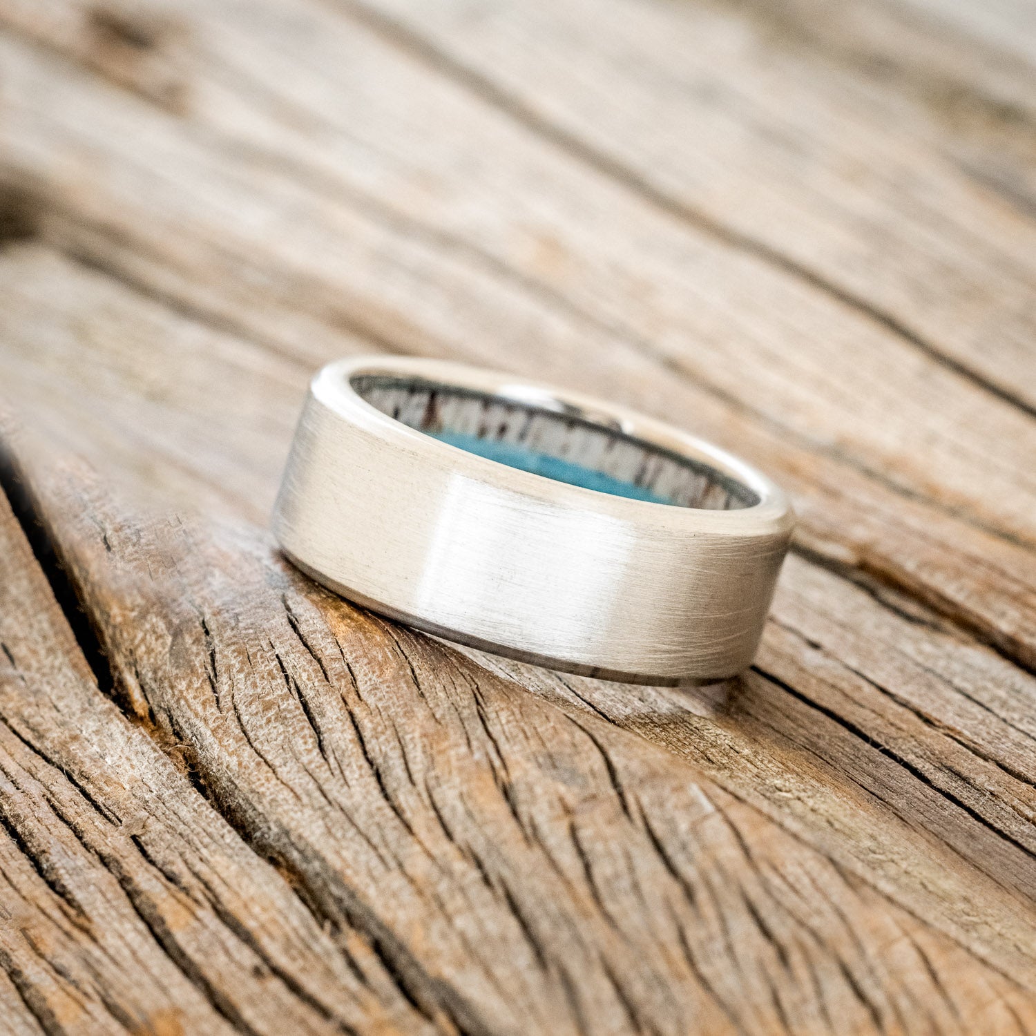"ARGOS" - ANTLER, IRONWOOD & TURQUOISE LINED WEDDING BAND WITH BRUSHED FINISH-5