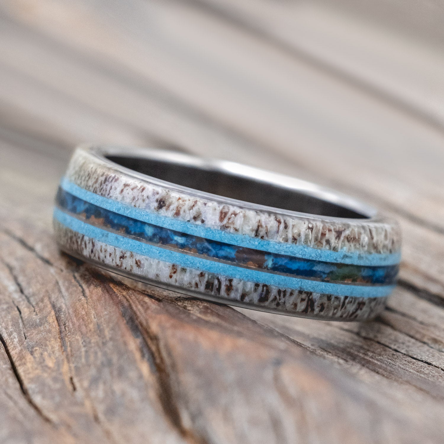 "CANYON" - ANTLER, TURQUOISE & PATINA COPPER WEDDING BAND-Staghead Designs