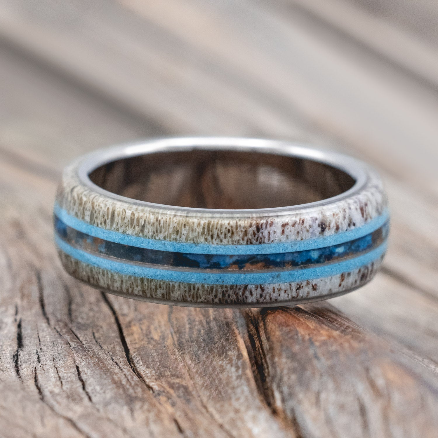 "CANYON" - ANTLER, TURQUOISE & PATINA COPPER WEDDING BAND-Staghead Designs