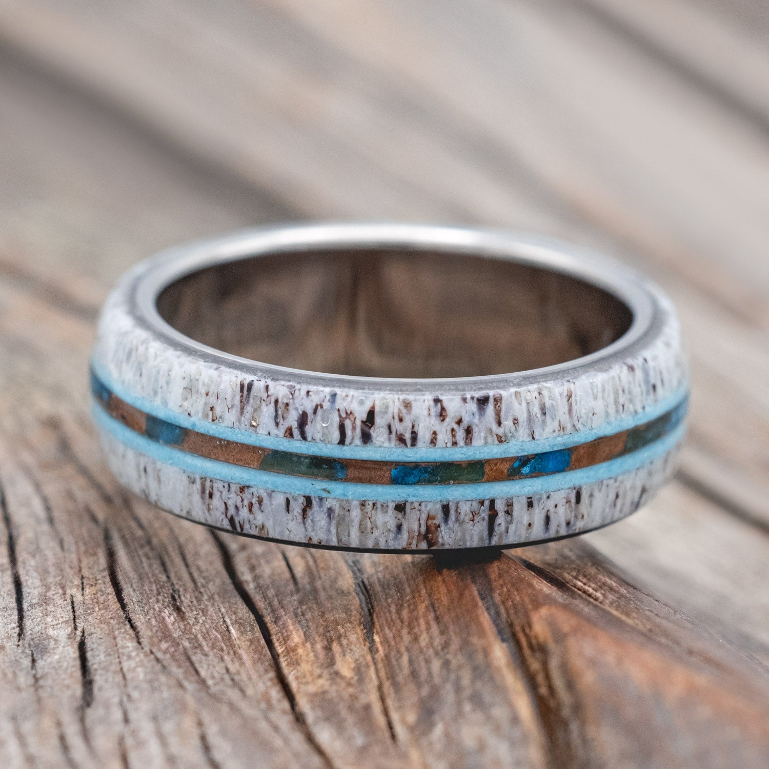 "CANYON" - ANTLER, TURQUOISE & PATINA COPPER WEDDING BAND-Staghead Designs