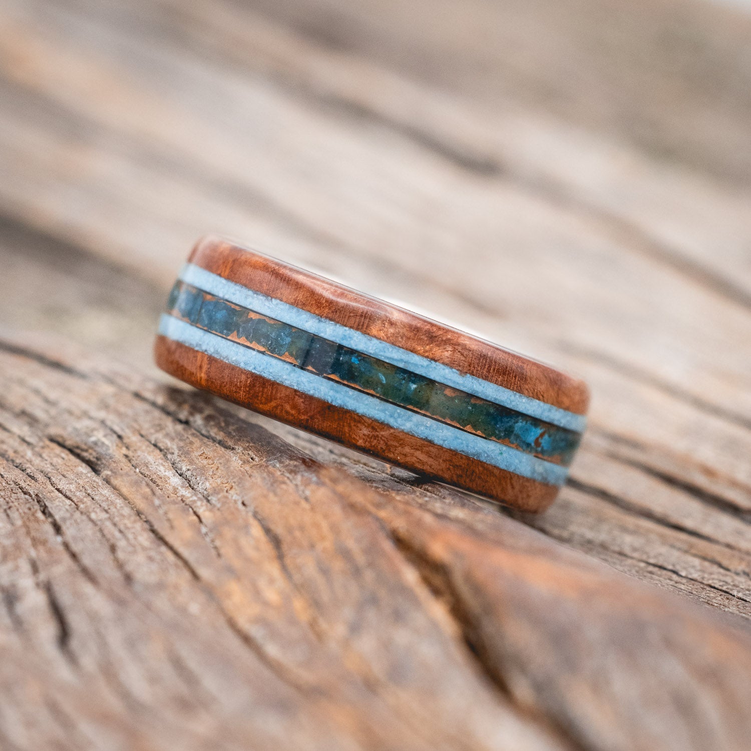 "CANYON" - REDWOOD, TURQUOISE & PATINA COPPER WEDDING BAND-Staghead Designs