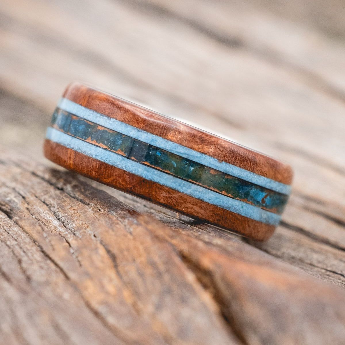 "CANYON" - REDWOOD, TURQUOISE & PATINA COPPER WEDDING BAND-Staghead Designs