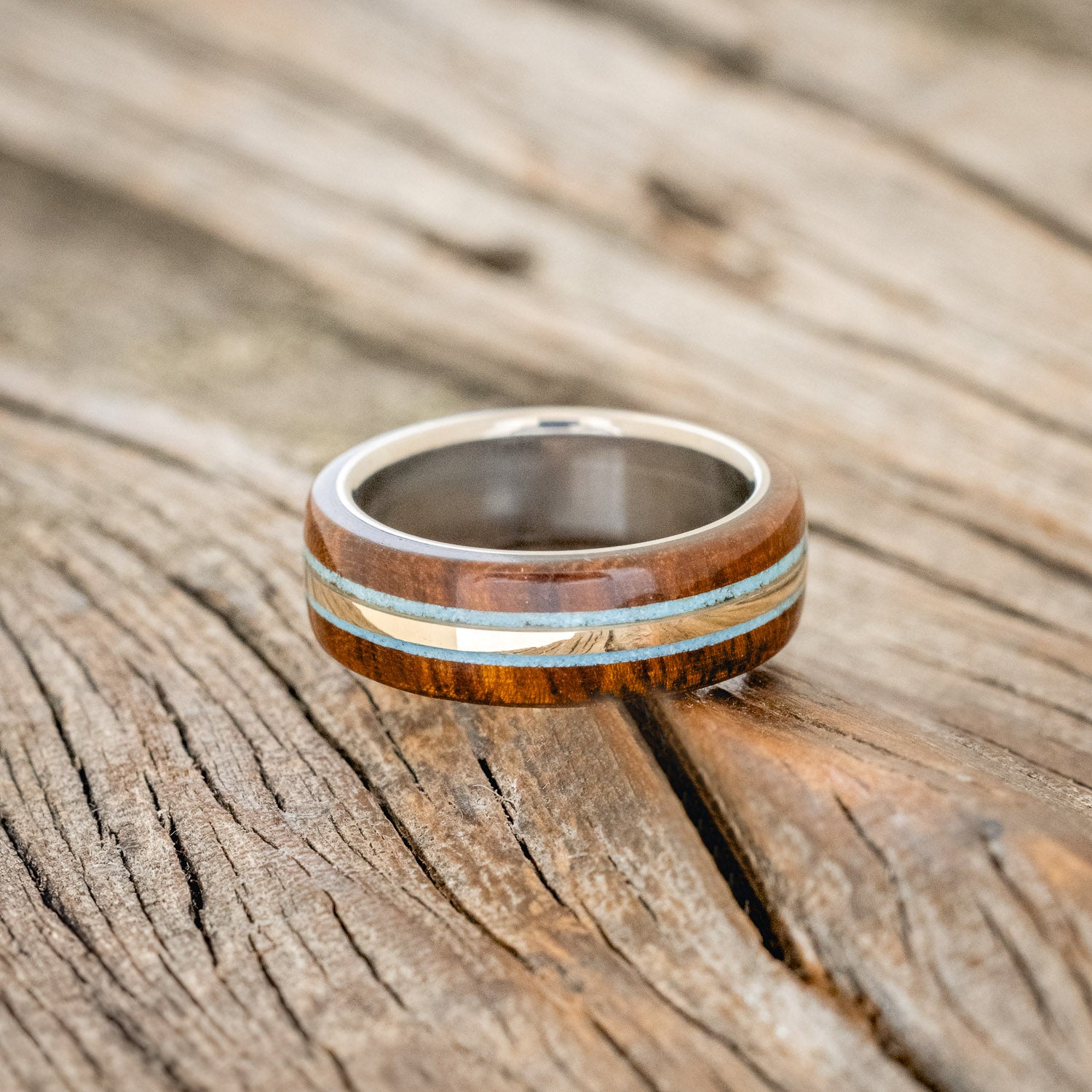 "CANYON" - IRONWOOD, TURQUOISE & 14K GOLD INLAY WEDDING BAND-3