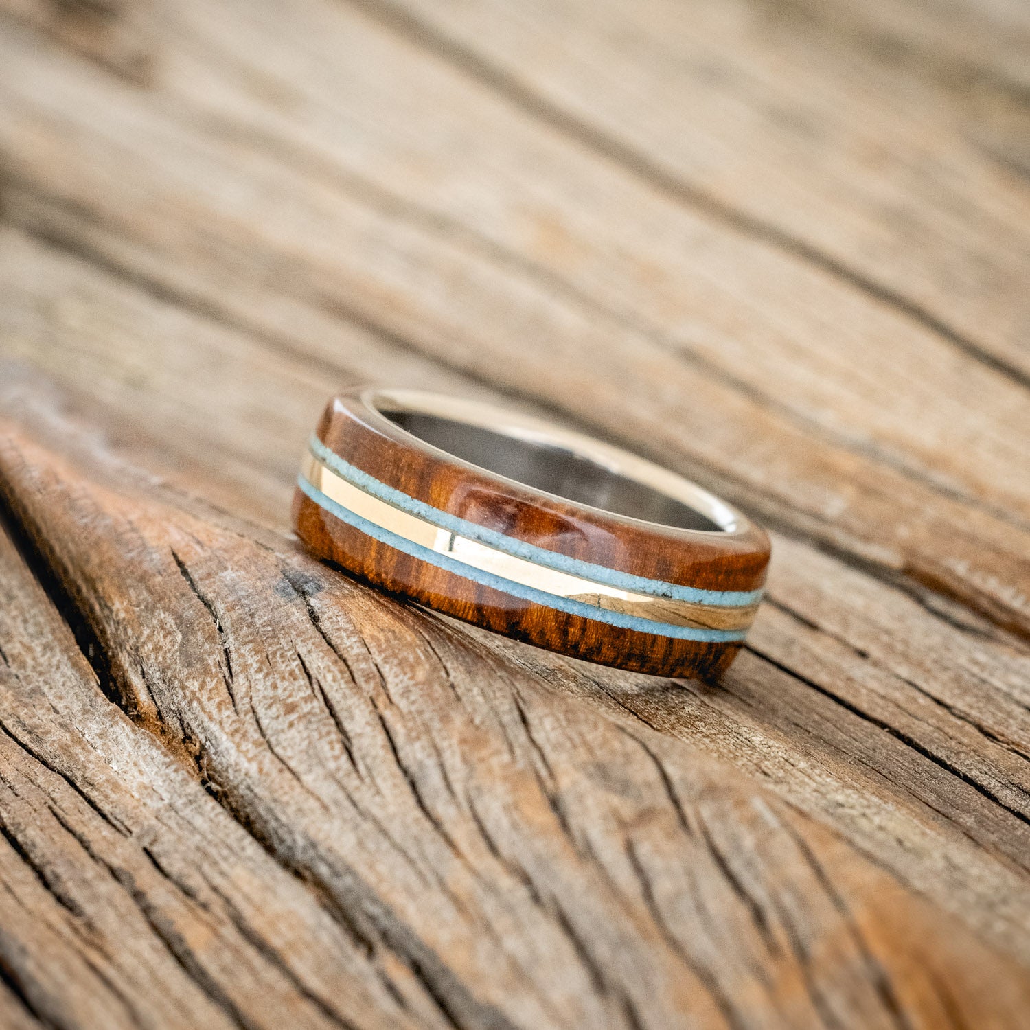 "CANYON" - IRONWOOD, TURQUOISE & 14K GOLD INLAY WEDDING BAND-2