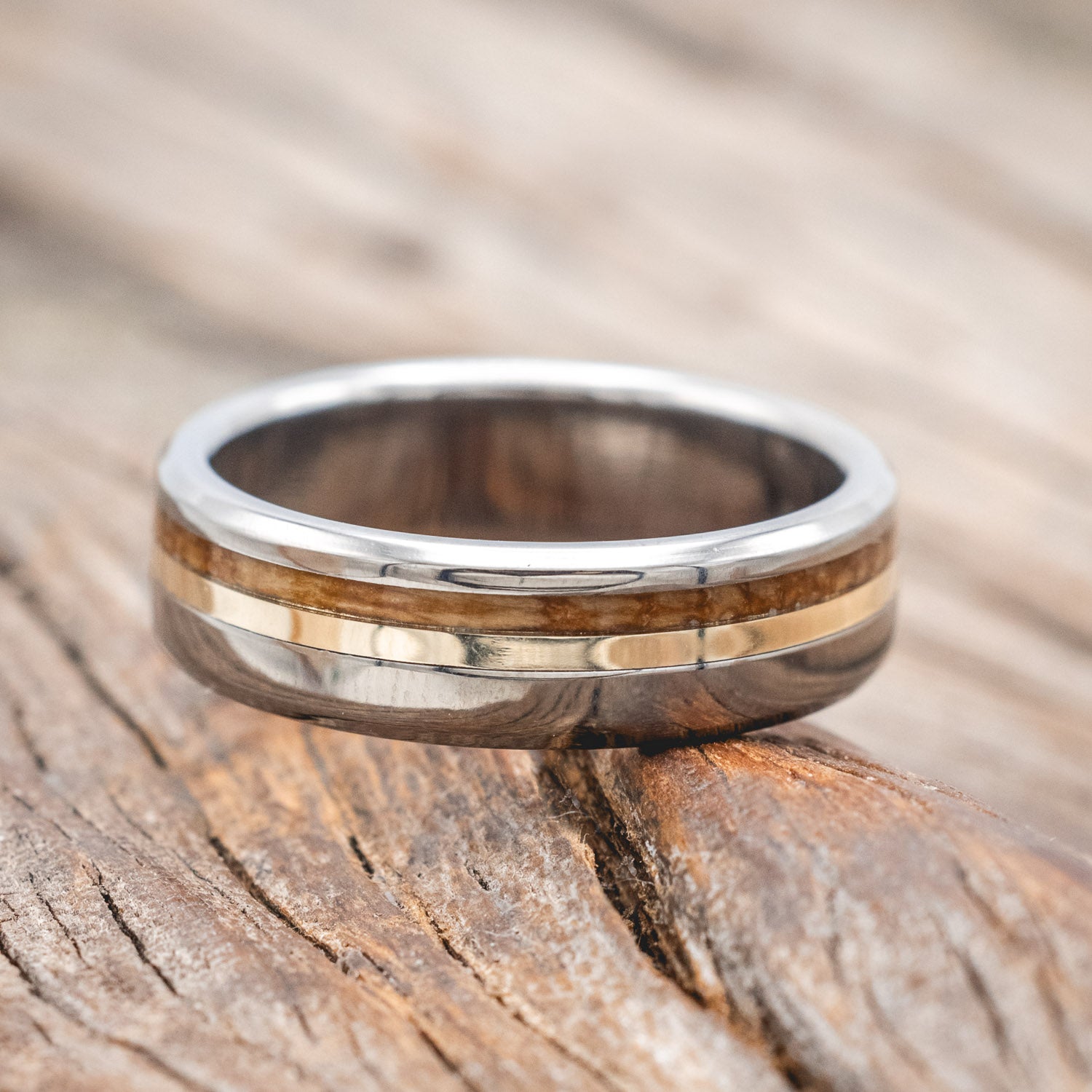 "CASTOR" - WHISKEY BARREL OAK & A 14K GOLD INLAY WEDDING RING-Staghead Designs