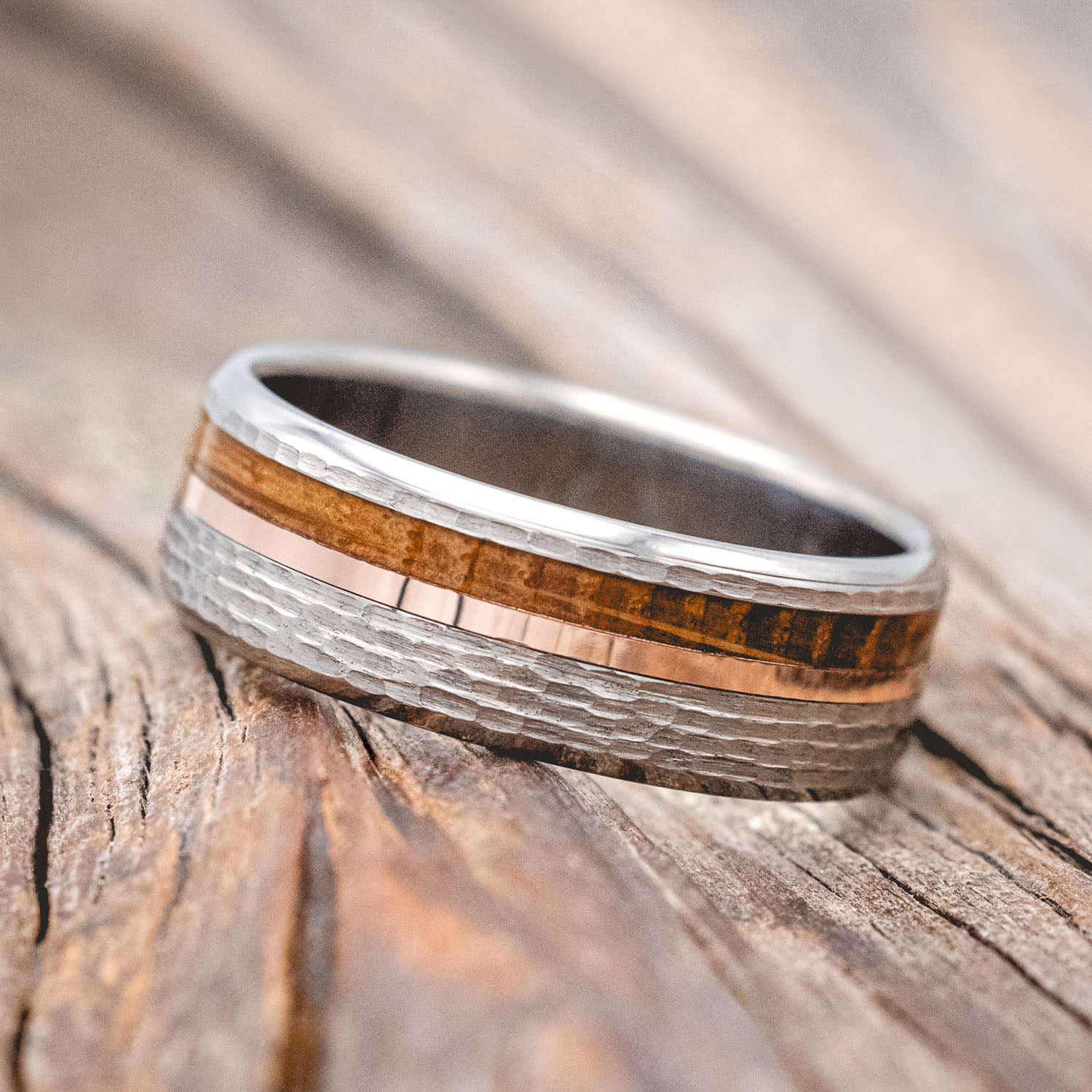"CASTOR" - WHISKEY BARREL & 14K GOLD INLAY WEDDING RING IN A HAMMERED FINISH-Staghead Designs