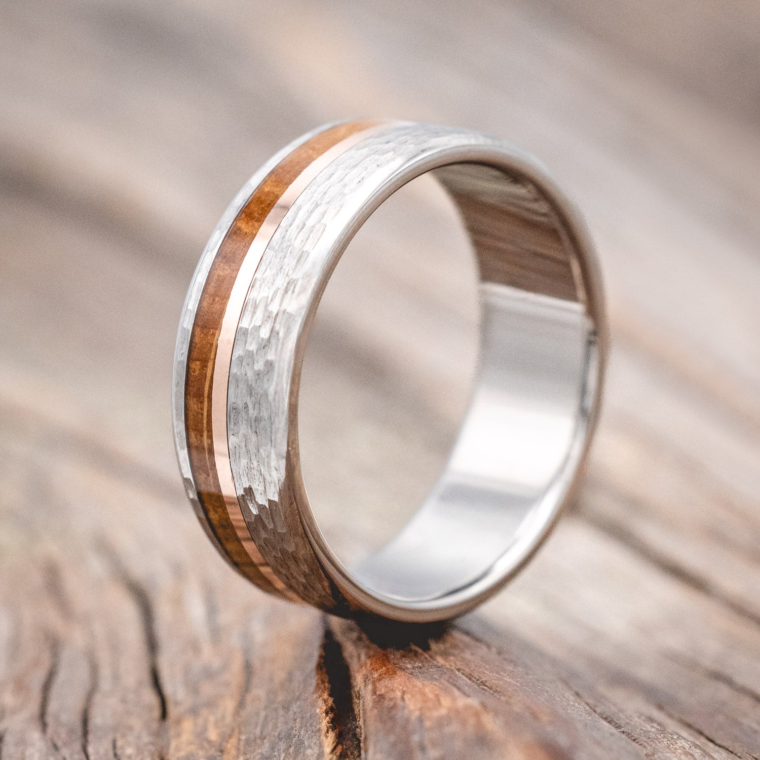 "CASTOR" - WHISKEY BARREL & 14K GOLD INLAY WEDDING RING IN A HAMMERED FINISH-Staghead Designs