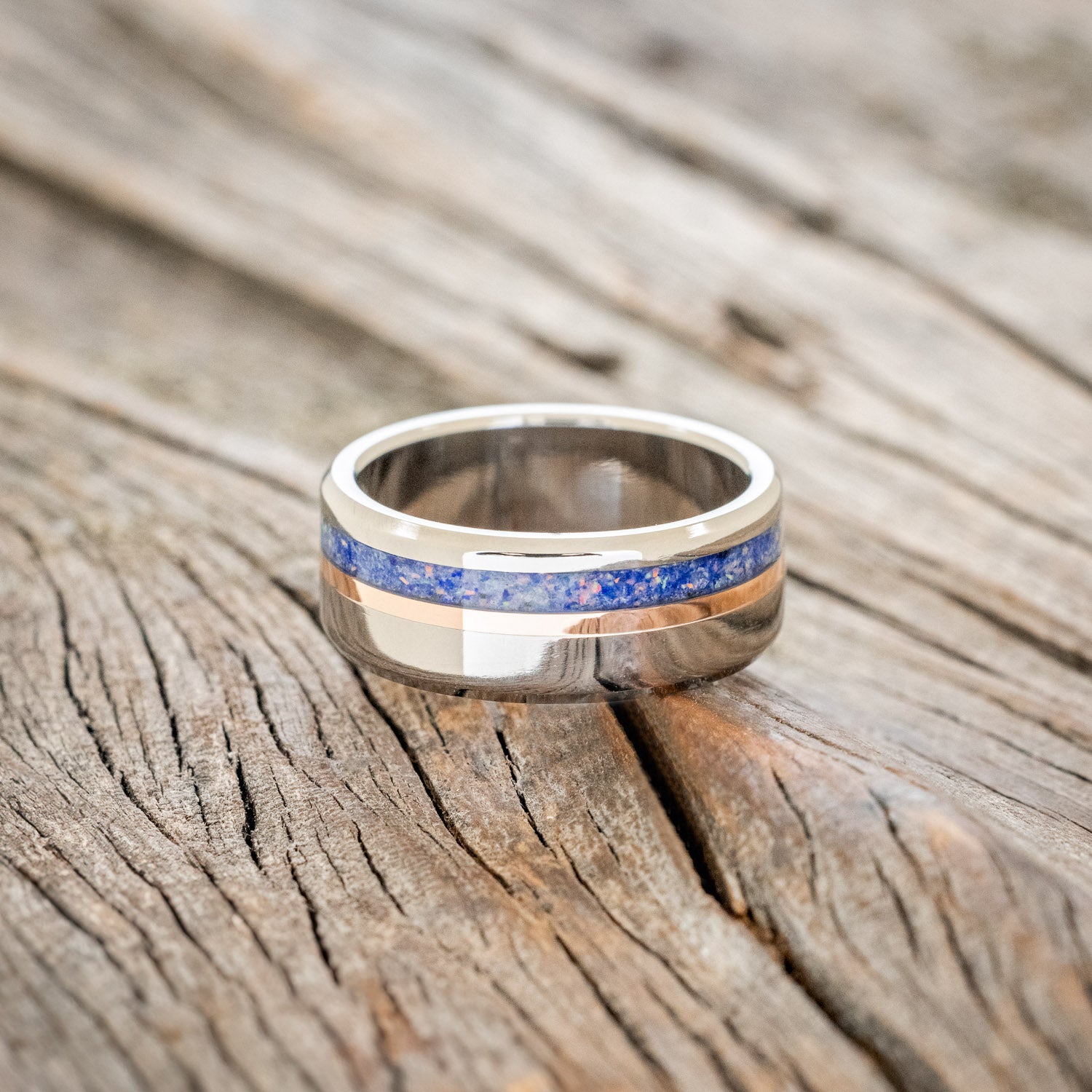 "CASTOR" - LAPIS LAZULI & FIRE & ICE OPAL MIXTURE WITH A 14K GOLD INLAY WEDDING RING-3