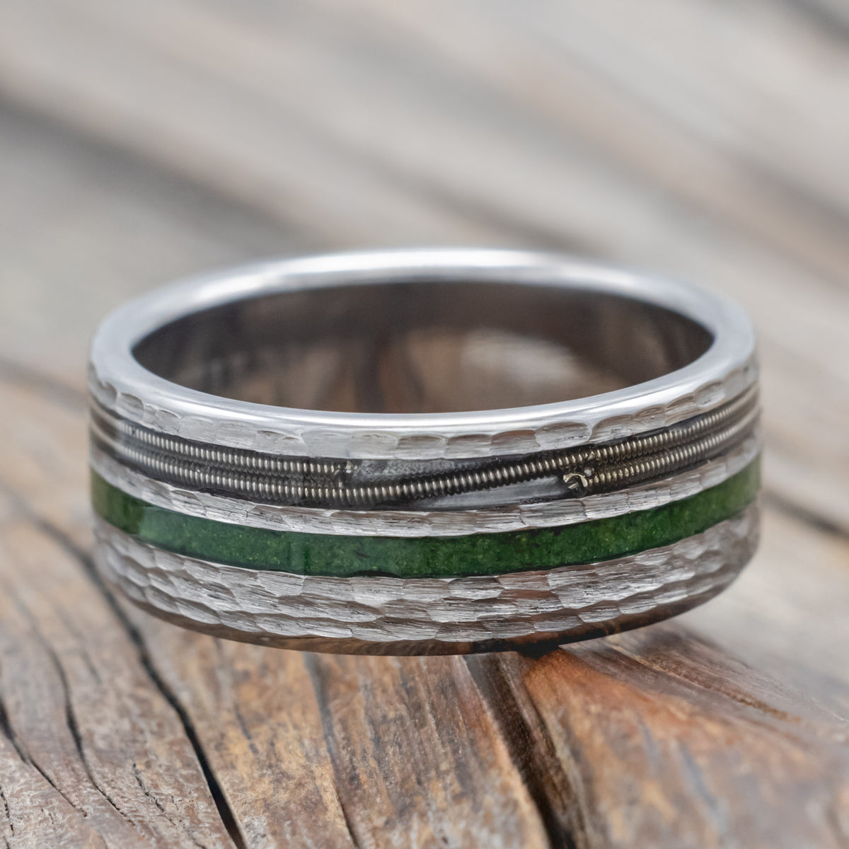 "Cosmo" - Moss & Guitar String Wedding Ring Featuring A Hammered Finish