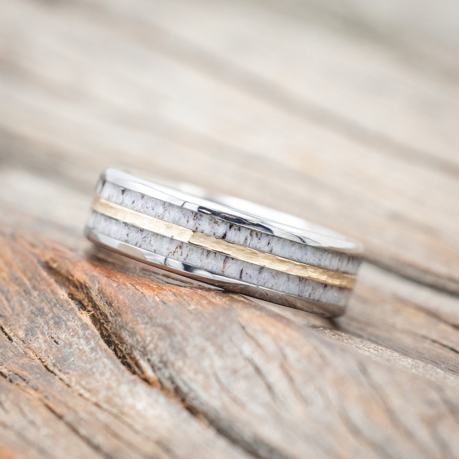 "DYAD" - ANTLER & HAMMERED 14K GOLD INLAY WEDDING BAND-Staghead Designs