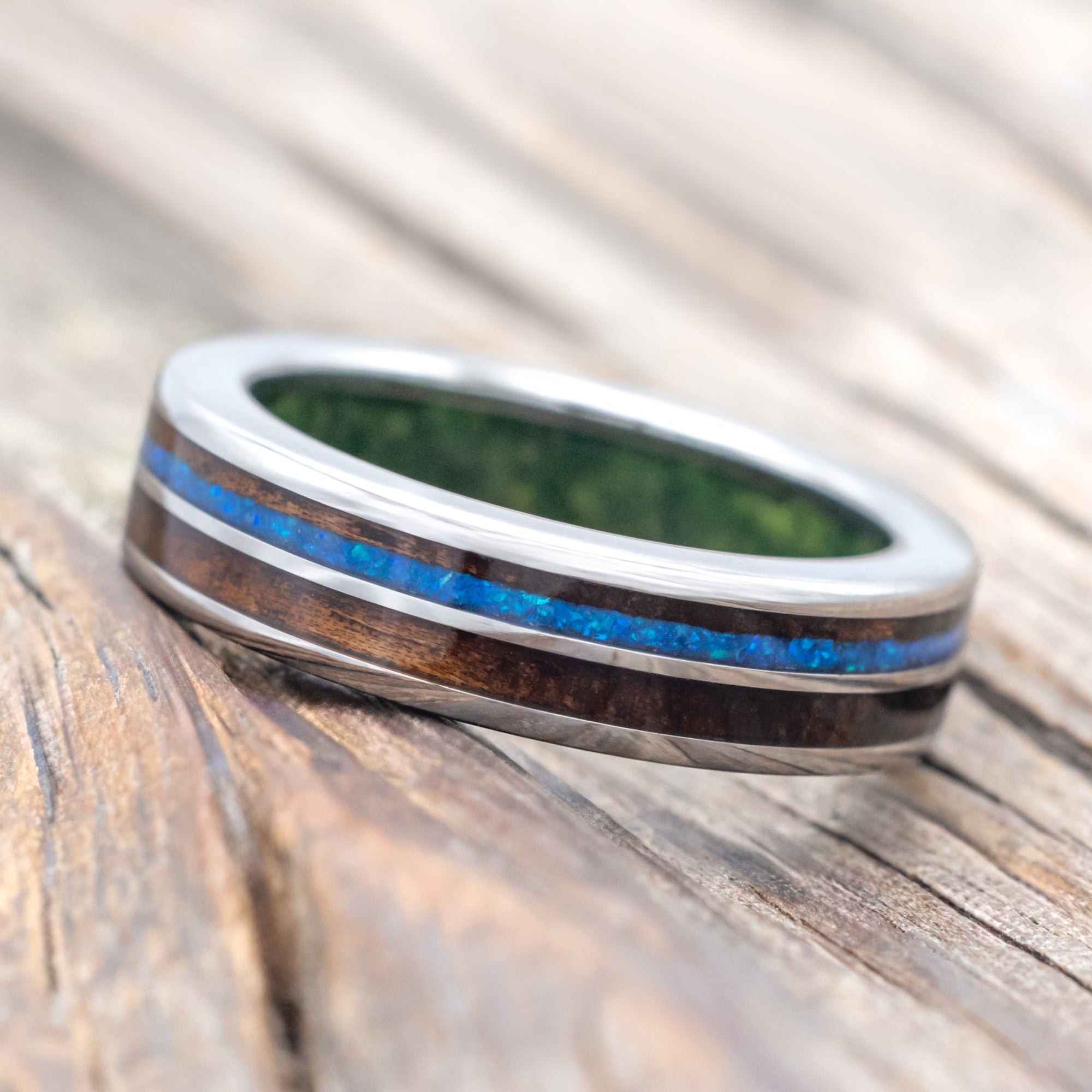 "DYAD" - KOA WOOD & BLUE OPAL WEDDING RING FEATURING A MOSS LINED BAND-Staghead Designs