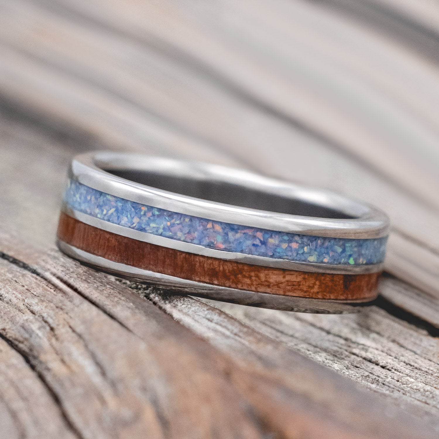 "DYAD" - MATCHING SET OF COTTON CANDY OPAL & REDWOOD WEDDING BANDS-Staghead Designs