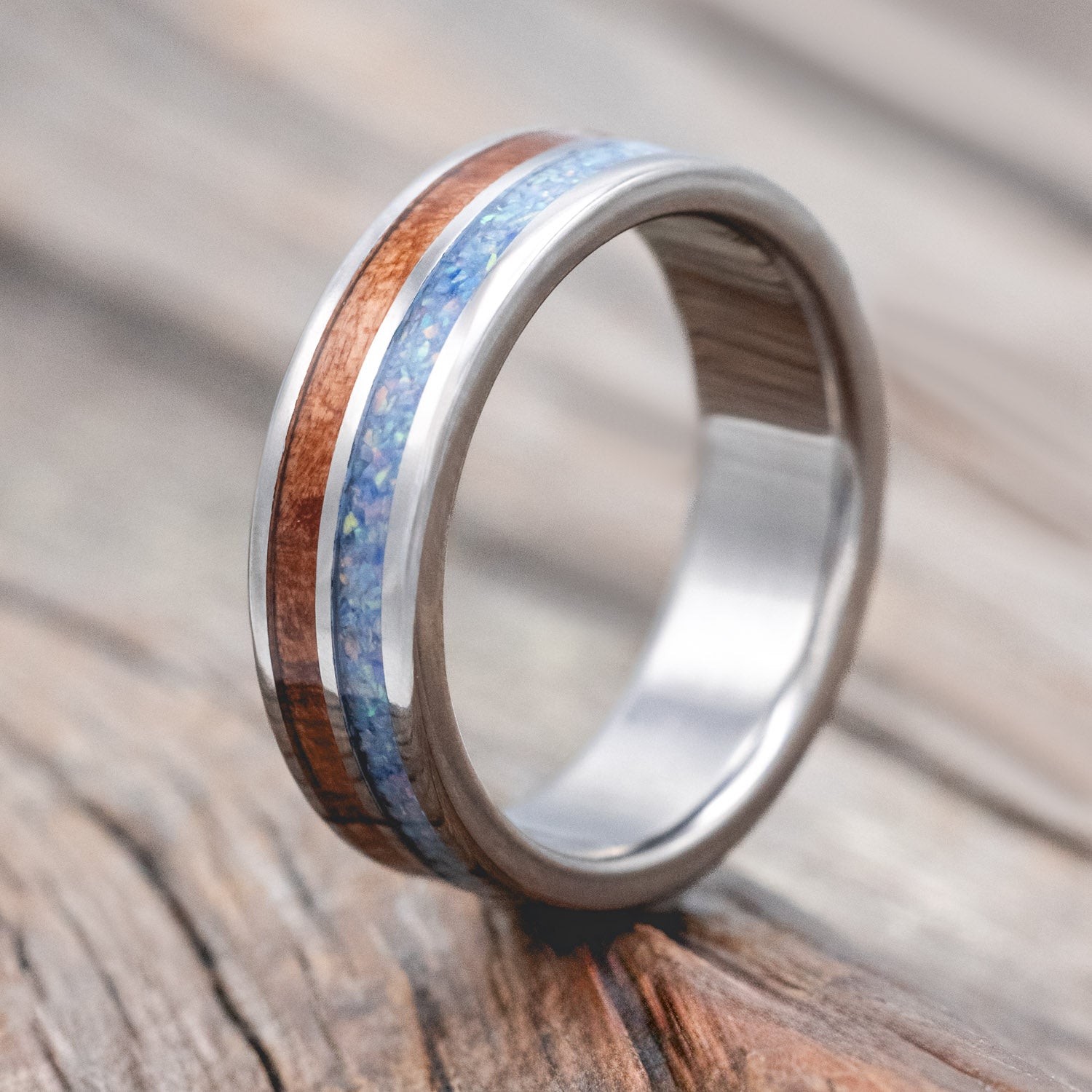 "DYAD" - MATCHING SET OF COTTON CANDY OPAL & REDWOOD WEDDING BANDS-Staghead Designs