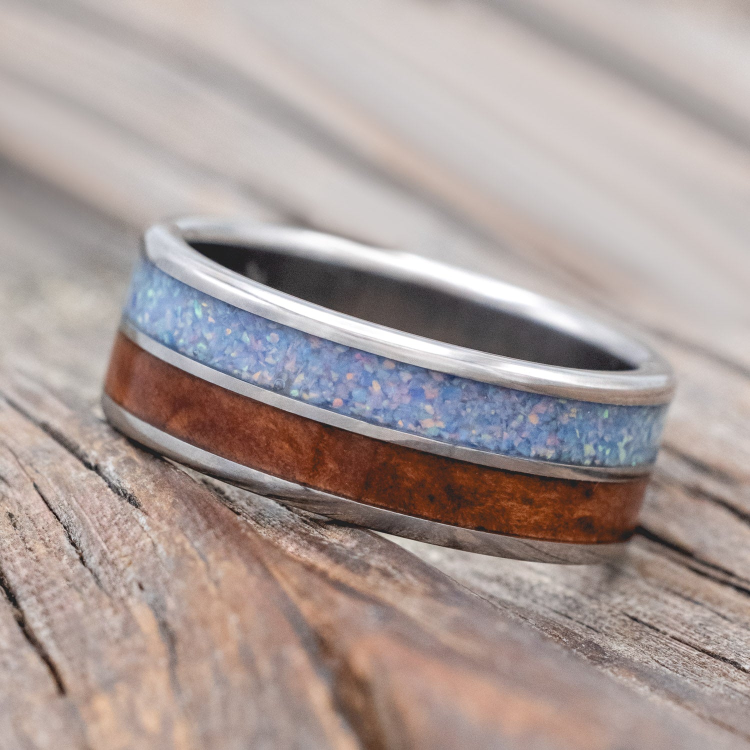 "DYAD" - MATCHING SET OF COTTON CANDY OPAL & REDWOOD WEDDING BANDS-Staghead Designs