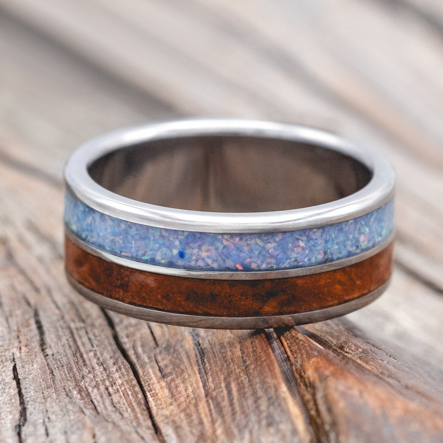 "DYAD" - MATCHING SET OF COTTON CANDY OPAL & REDWOOD WEDDING BANDS-Staghead Designs