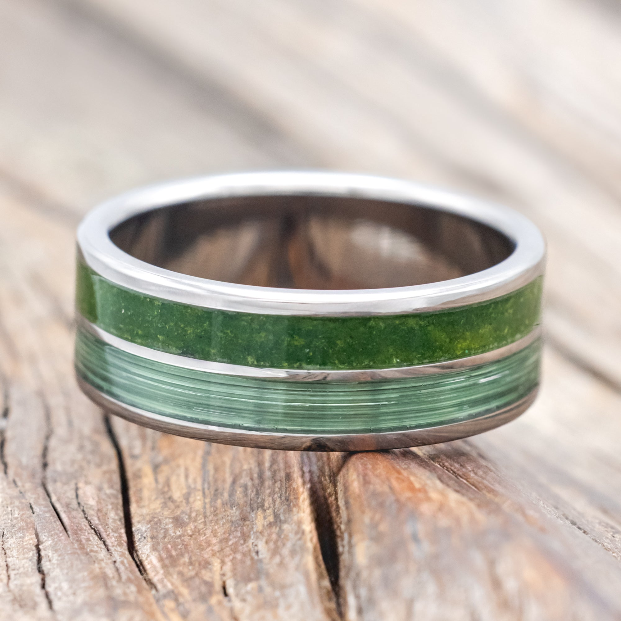 "DYAD" - MOSS & FISHING LINE WEDDING BAND-Staghead Designs