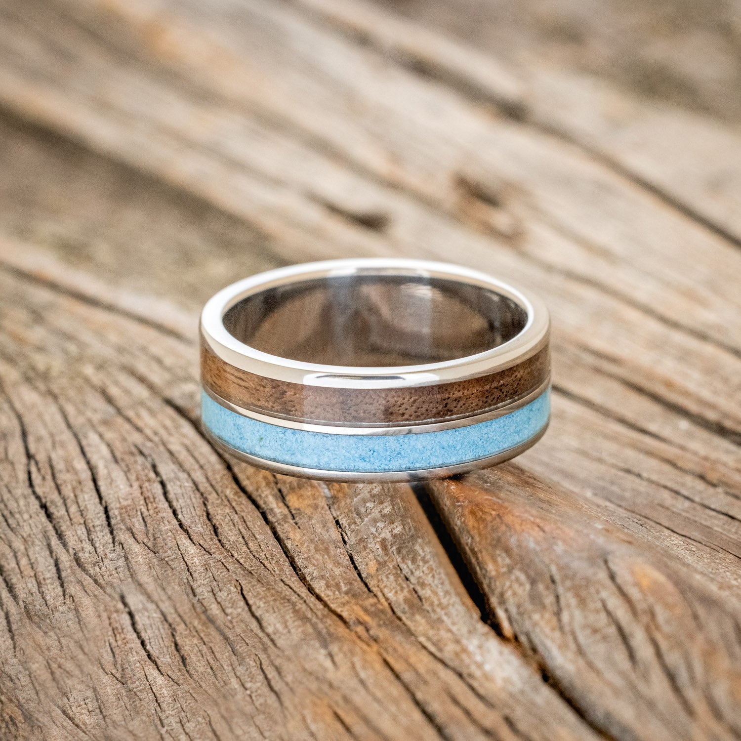 "DYAD" - BLACK WALNUT & TURQUOISE WEDDING BAND-3