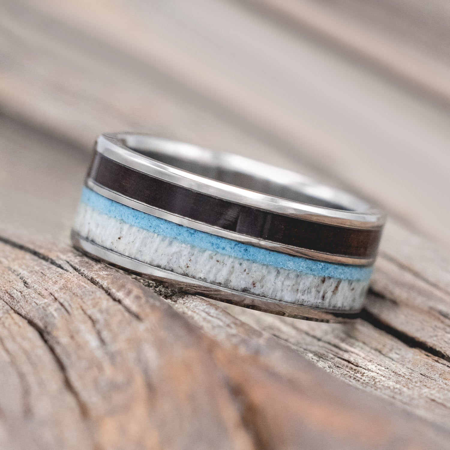"ELEMENT" - KOA WOOD, ANTLER & TURQUOISE WEDDING BAND-Staghead Designs