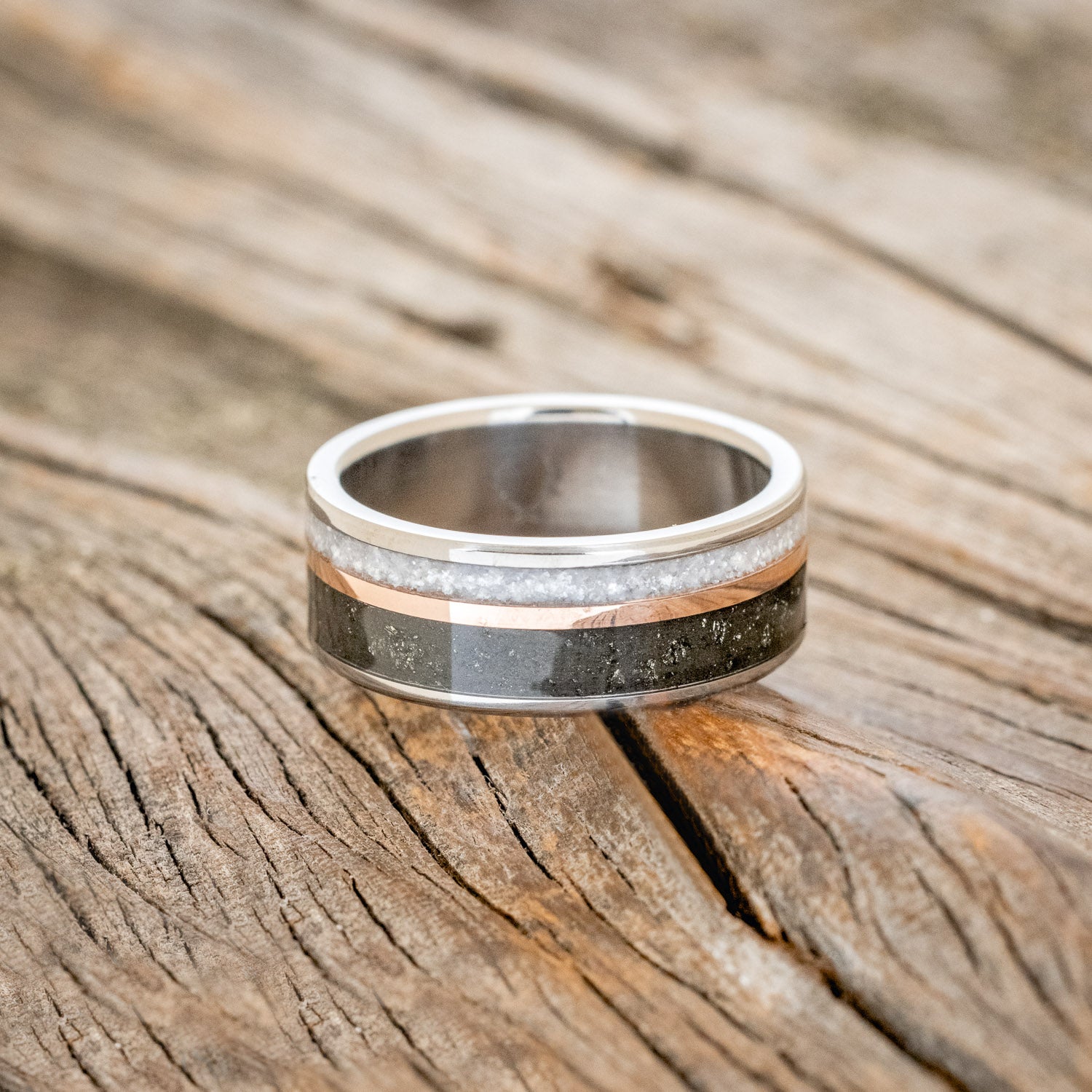 "ELEMENT" - PYRITE, DIAMOND DUST & 14K ROSE GOLD INLAY WEDDING BAND-3