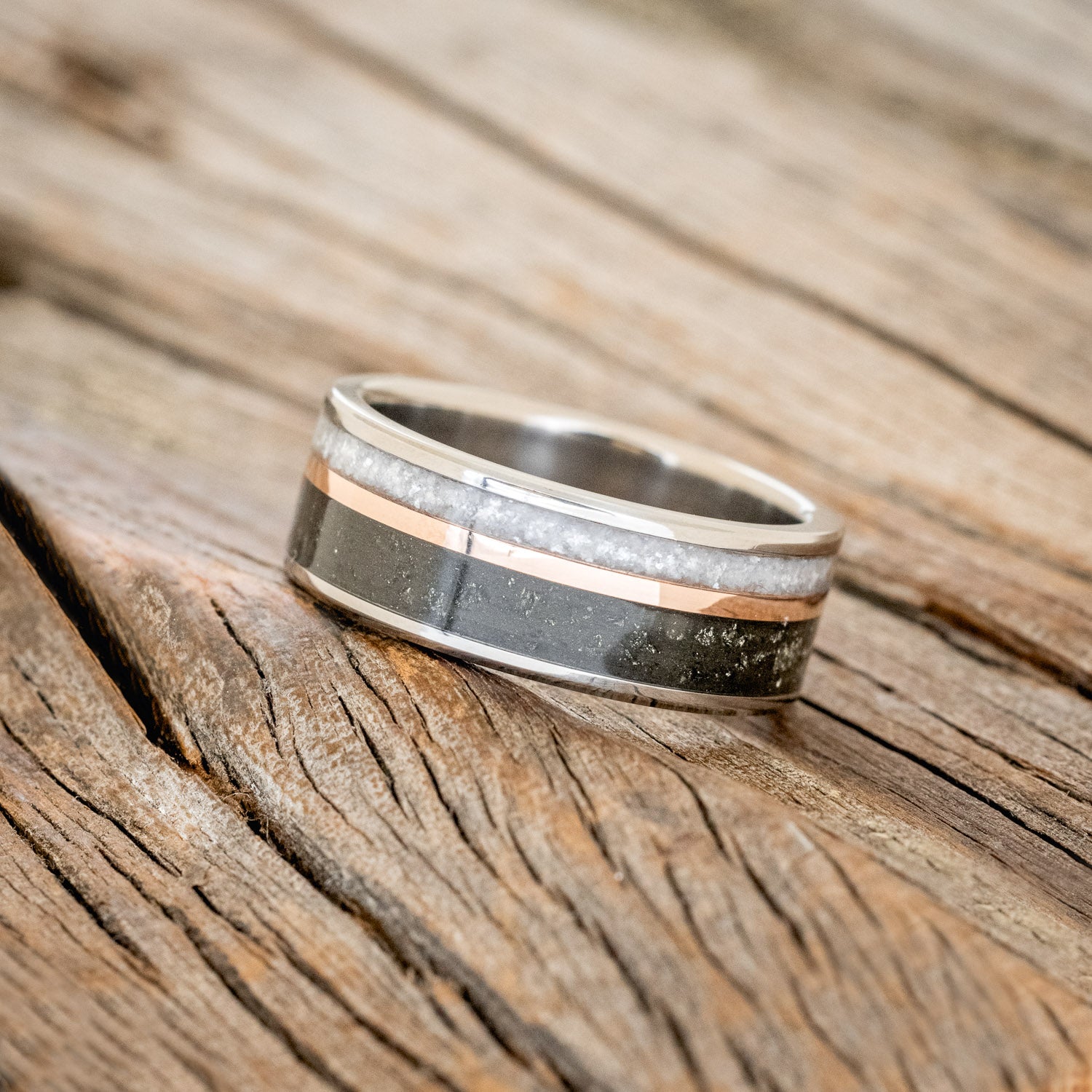 "ELEMENT" - PYRITE, DIAMOND DUST & 14K ROSE GOLD INLAY WEDDING BAND-2
