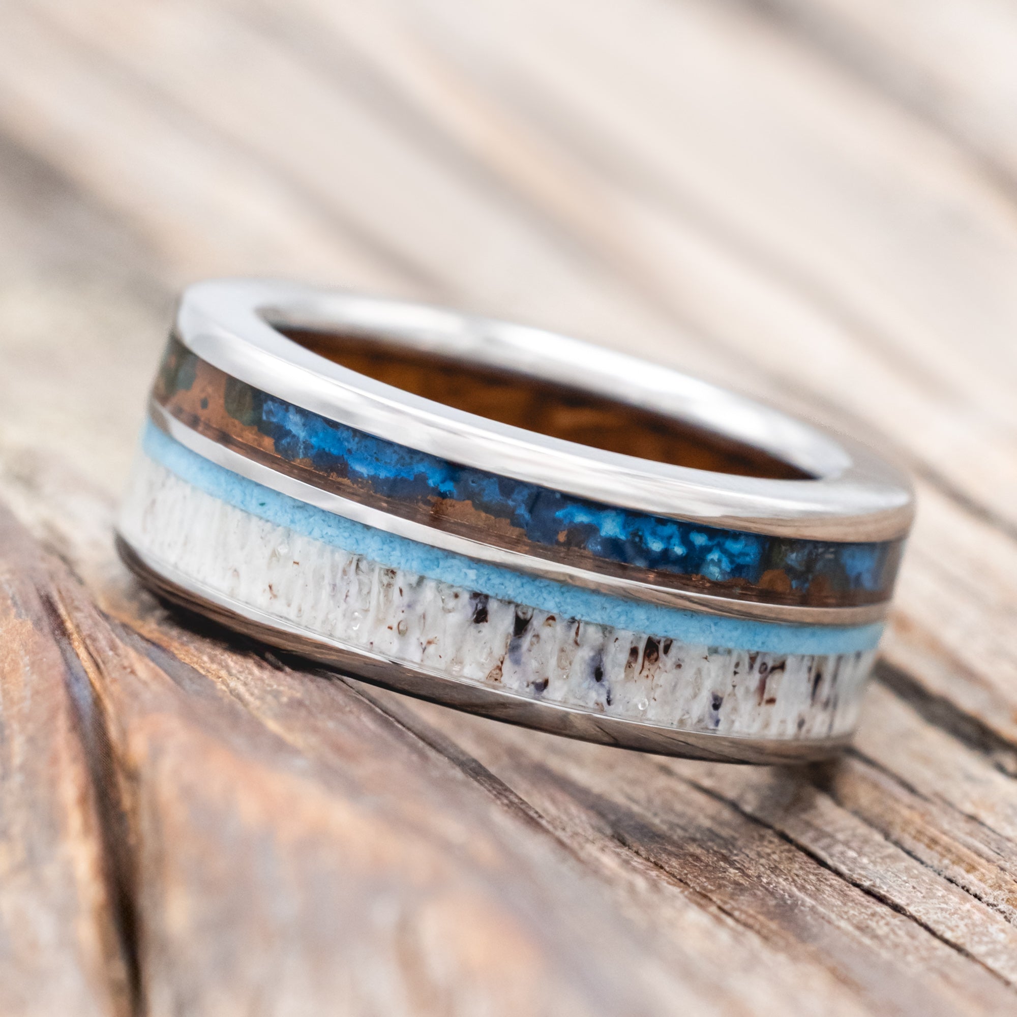 "ELEMENT" - WHISKEY BARREL OAK LINING WITH PATINA COPPER, ANTLER & TURQUOISE INLAYS WEDDING RING-Staghead Designs