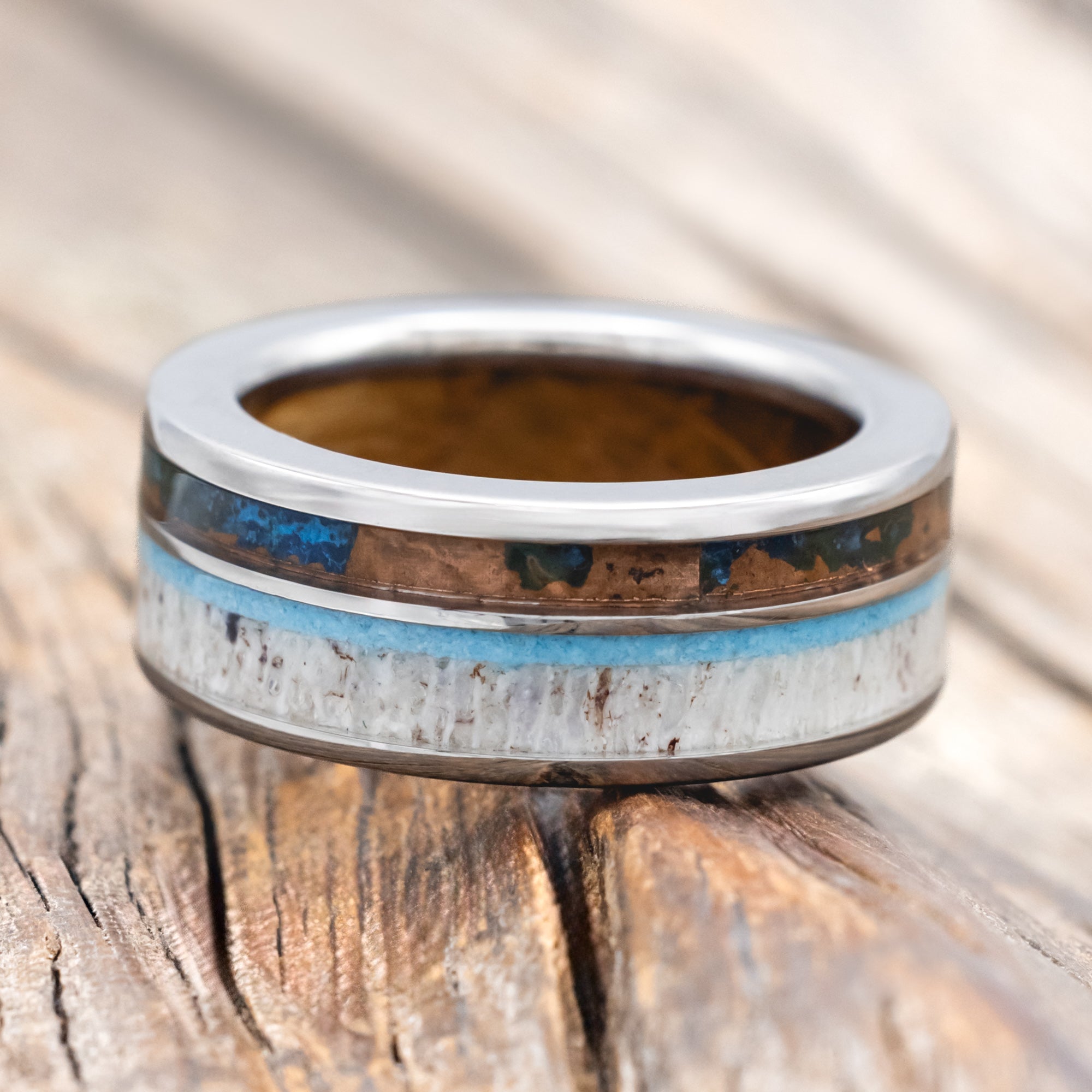 "ELEMENT" - WHISKEY BARREL OAK LINING WITH PATINA COPPER, ANTLER & TURQUOISE INLAYS WEDDING RING-Staghead Designs