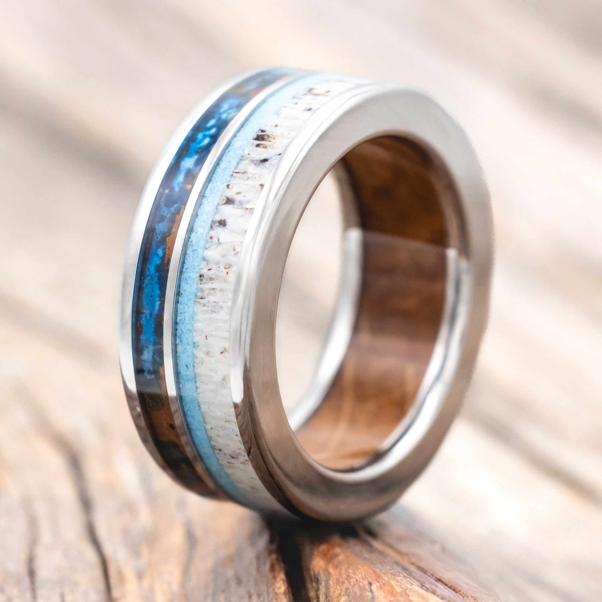 "ELEMENT" - WHISKEY BARREL OAK LINING WITH PATINA COPPER, ANTLER & TURQUOISE INLAYS WEDDING RING-Staghead Designs