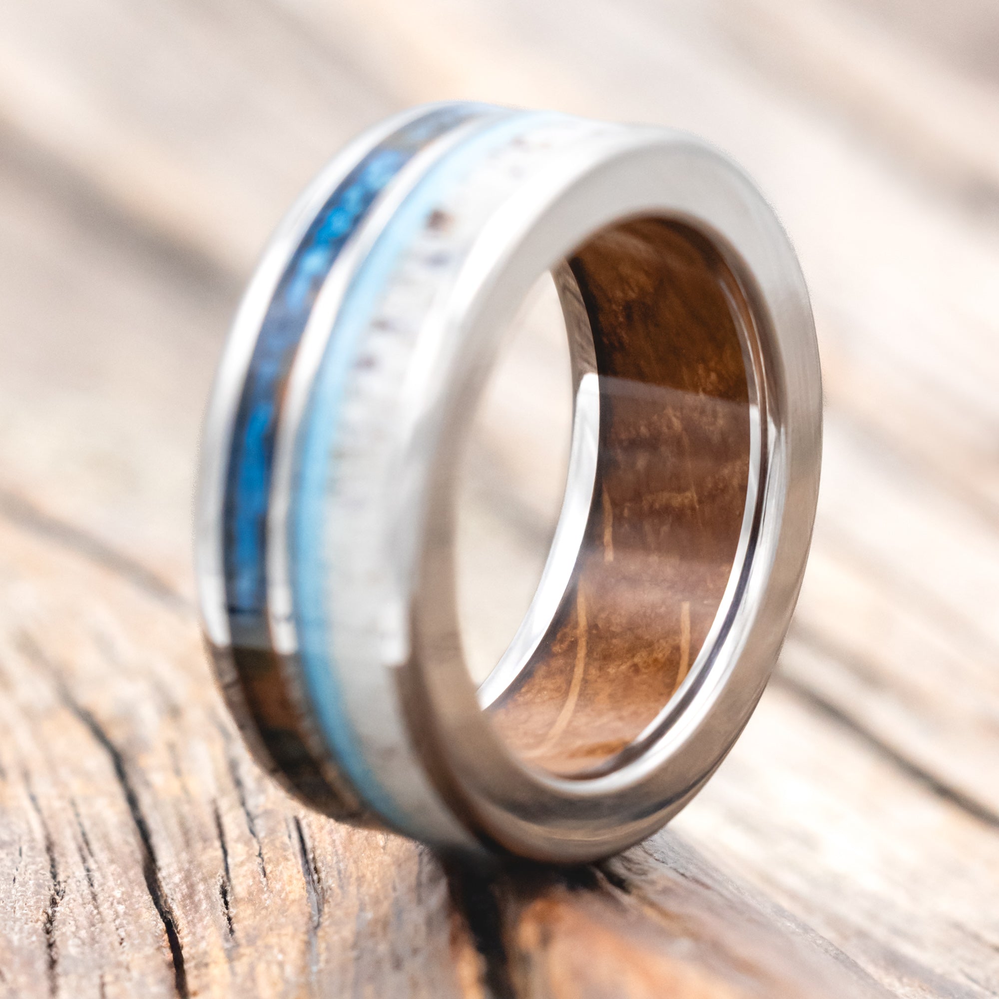 "ELEMENT" - WHISKEY BARREL OAK LINING WITH PATINA COPPER, ANTLER & TURQUOISE INLAYS WEDDING RING-Staghead Designs