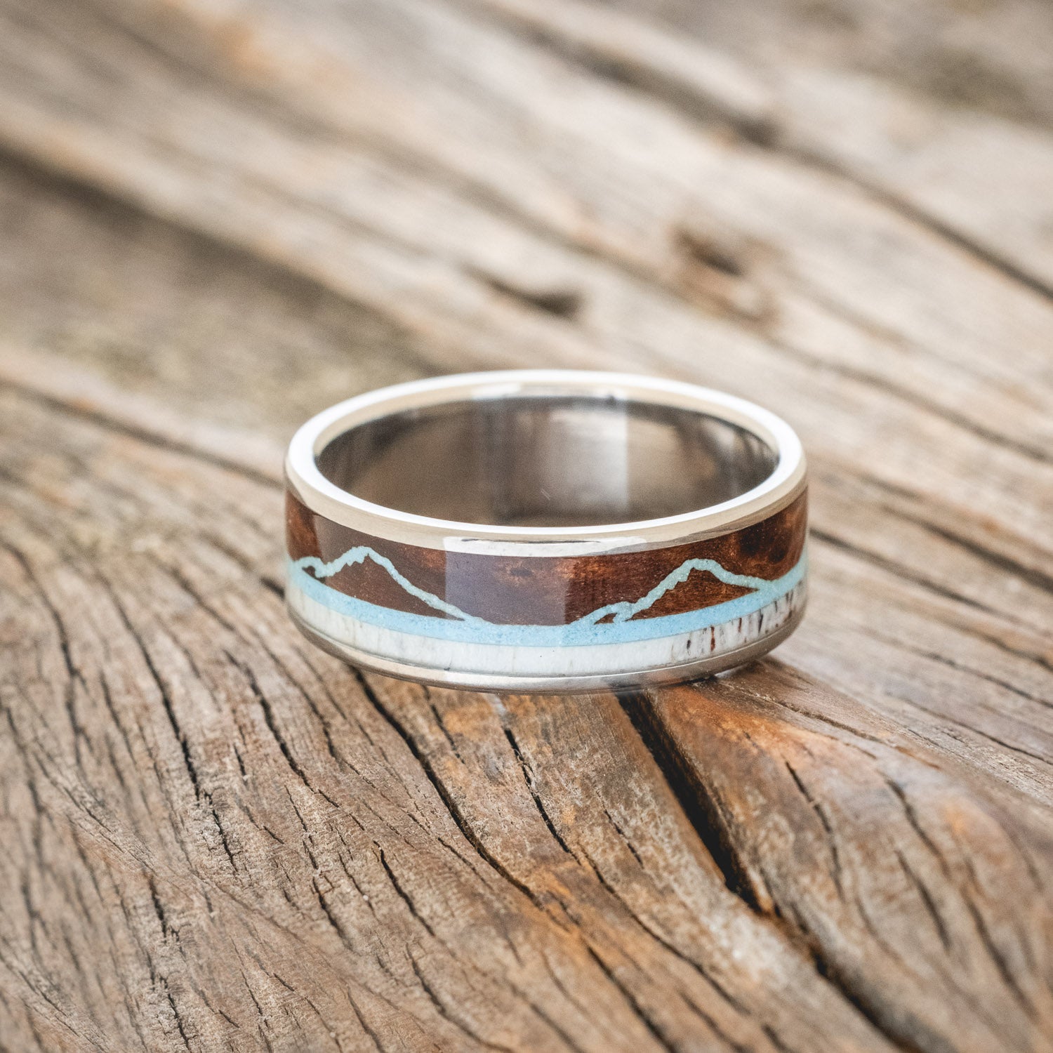 "THE EXPEDITION" - MOUNTAIN ENGRAVED WEDDING RING WITH REDWOOD, TURQUOISE & ANTLER-3