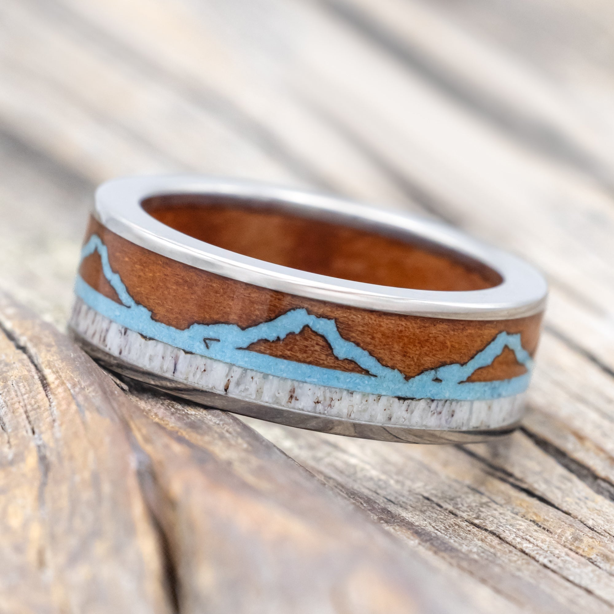 "THE EXPEDITION" - MOUNTAIN ENGRAVED WEDDING RING WITH REDWOOD, TURQUOISE & ANTLER WITH REDWOOD LINING-Staghead Designs