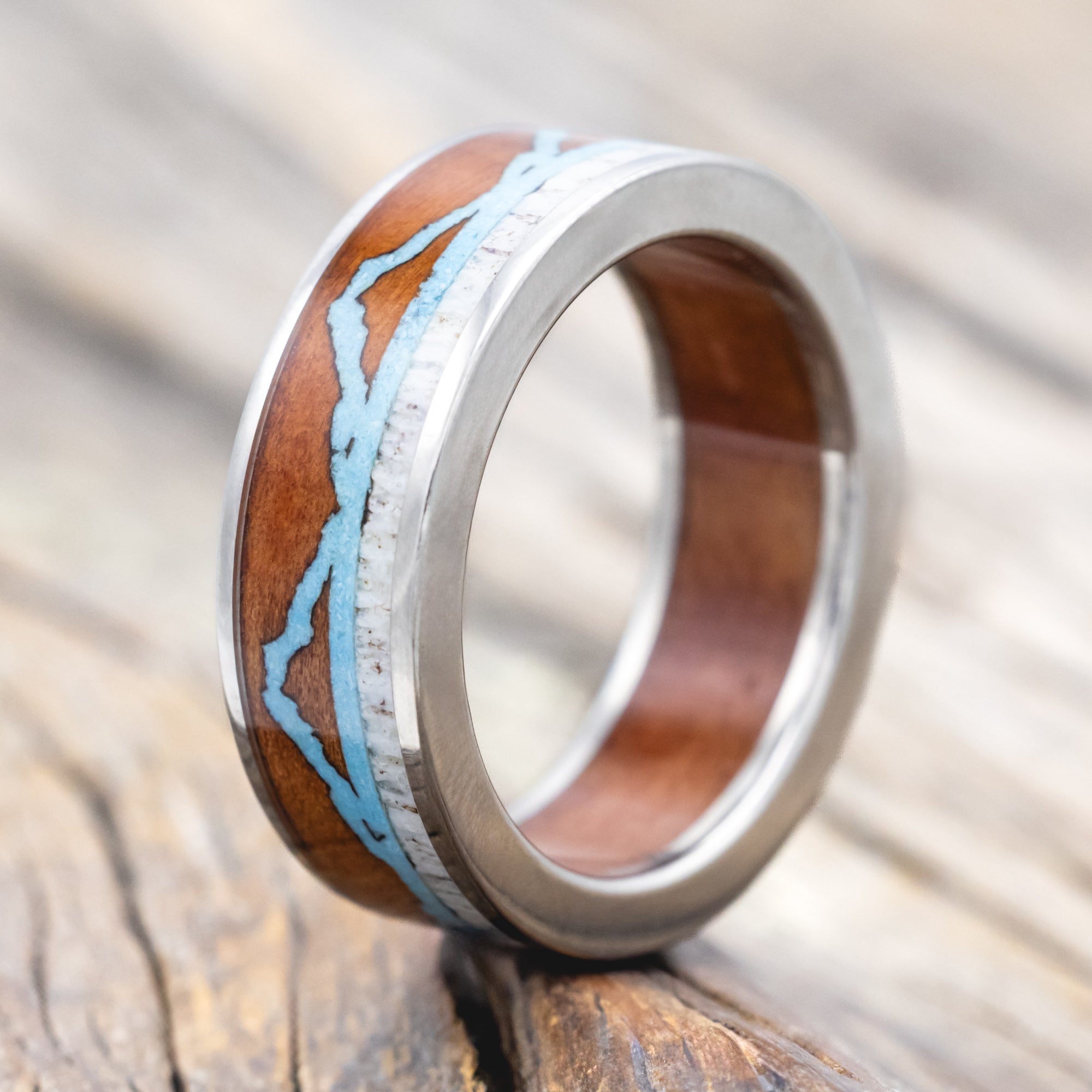 "THE EXPEDITION" - MOUNTAIN ENGRAVED WEDDING RING WITH REDWOOD, TURQUOISE & ANTLER WITH REDWOOD LINING-Staghead Designs