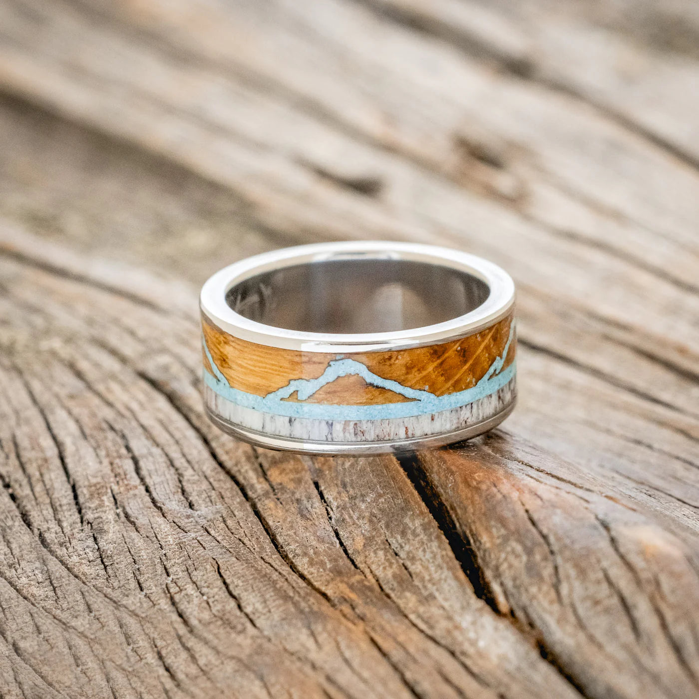 "THE EXPEDITION" - MOUNTAIN ENGRAVED WEDDING RING WITH REDWOOD, TURQUOISE & ANTLER - TITANIUM - SIZE 8 1/2-Staghead Designs
