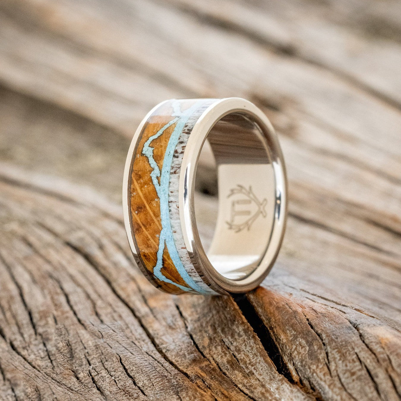 "THE EXPEDITION" - MOUNTAIN ENGRAVED WEDDING RING WITH WHISKEY BARREL OAK, TURQUOISE & ANTLER-2