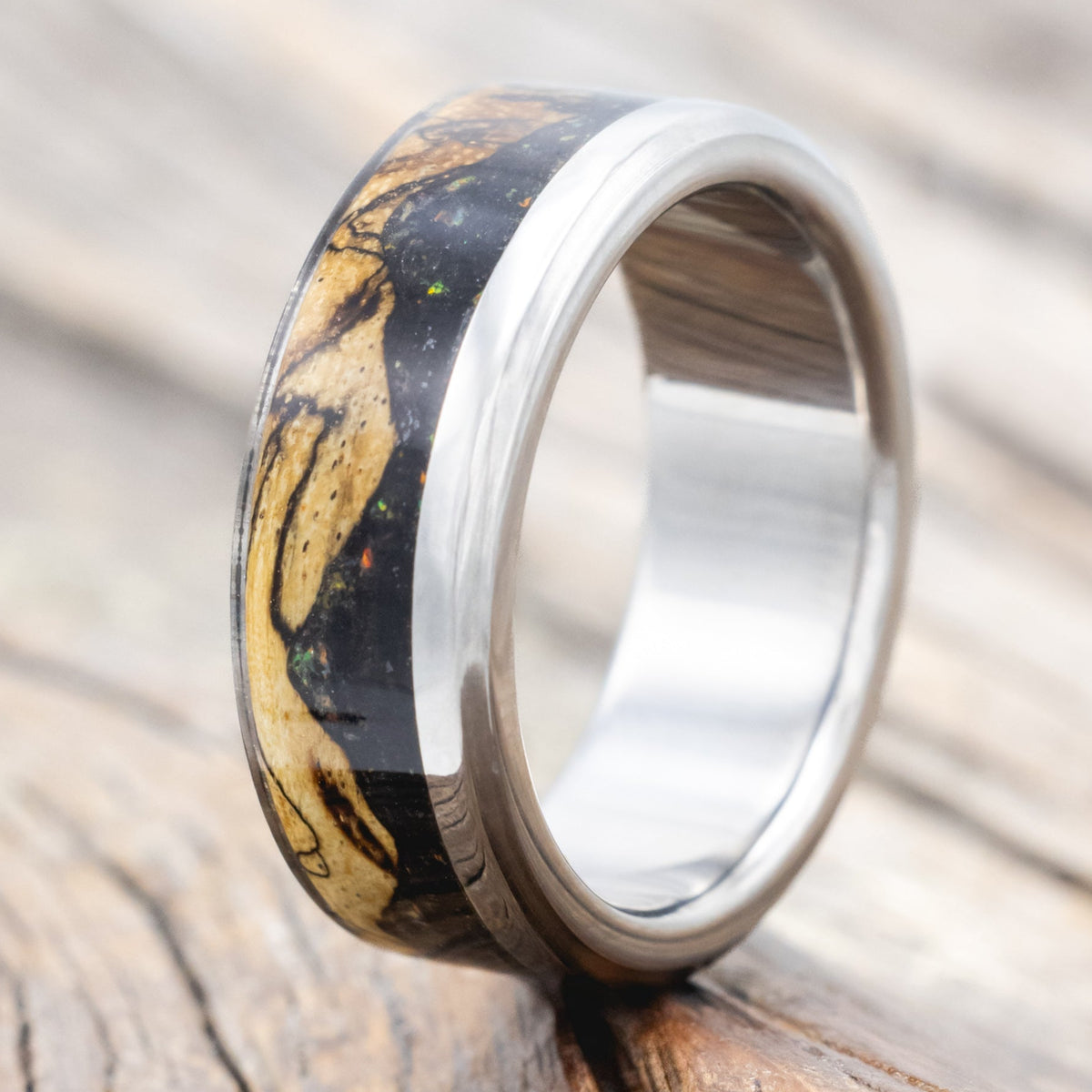 "EZRA" - MATCHING SET OF SPALTED MAPLE, JET STONE & OPAL MIX WEDDING BANDS-Staghead Designs