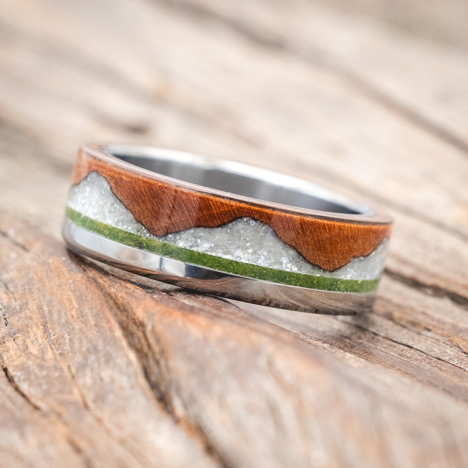 "EZRA" - REDWOOD WITH DIAMOND DUST & MOSS INLAY WEDDING RING-Staghead Designs