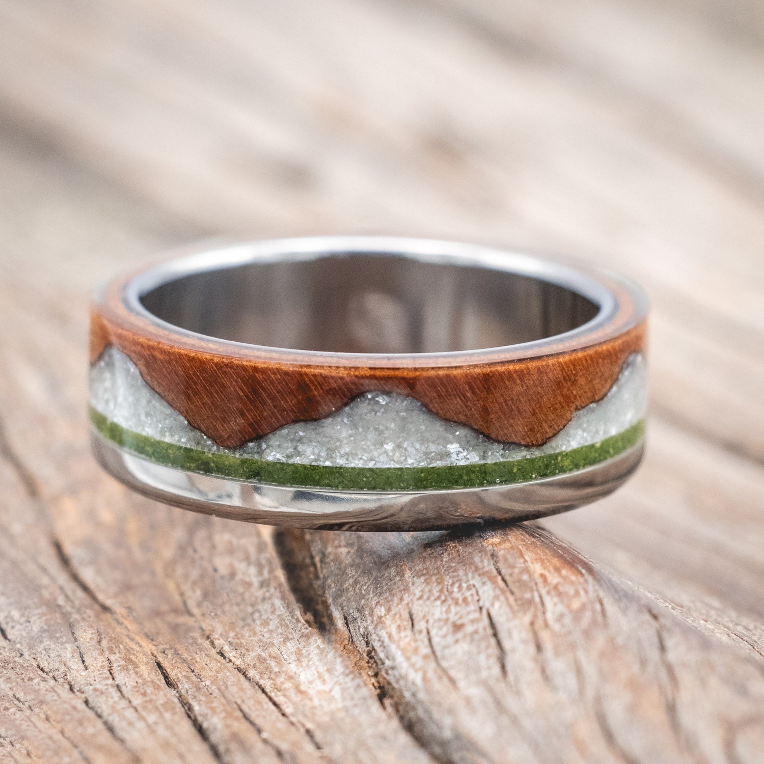 "EZRA" - REDWOOD WITH DIAMOND DUST & MOSS INLAY WEDDING RING-Staghead Designs