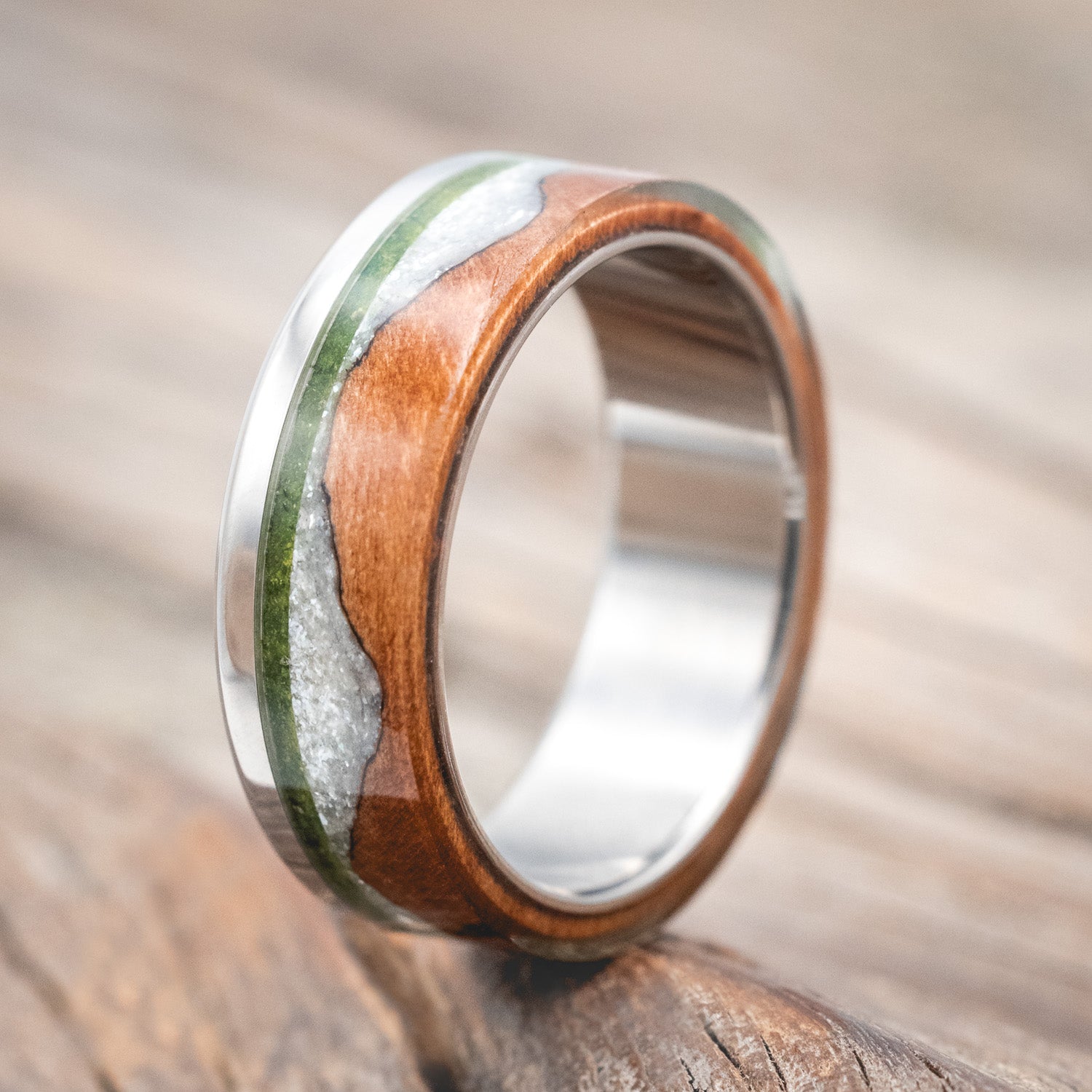 "EZRA" - REDWOOD WITH DIAMOND DUST & MOSS INLAY WEDDING RING-Staghead Designs